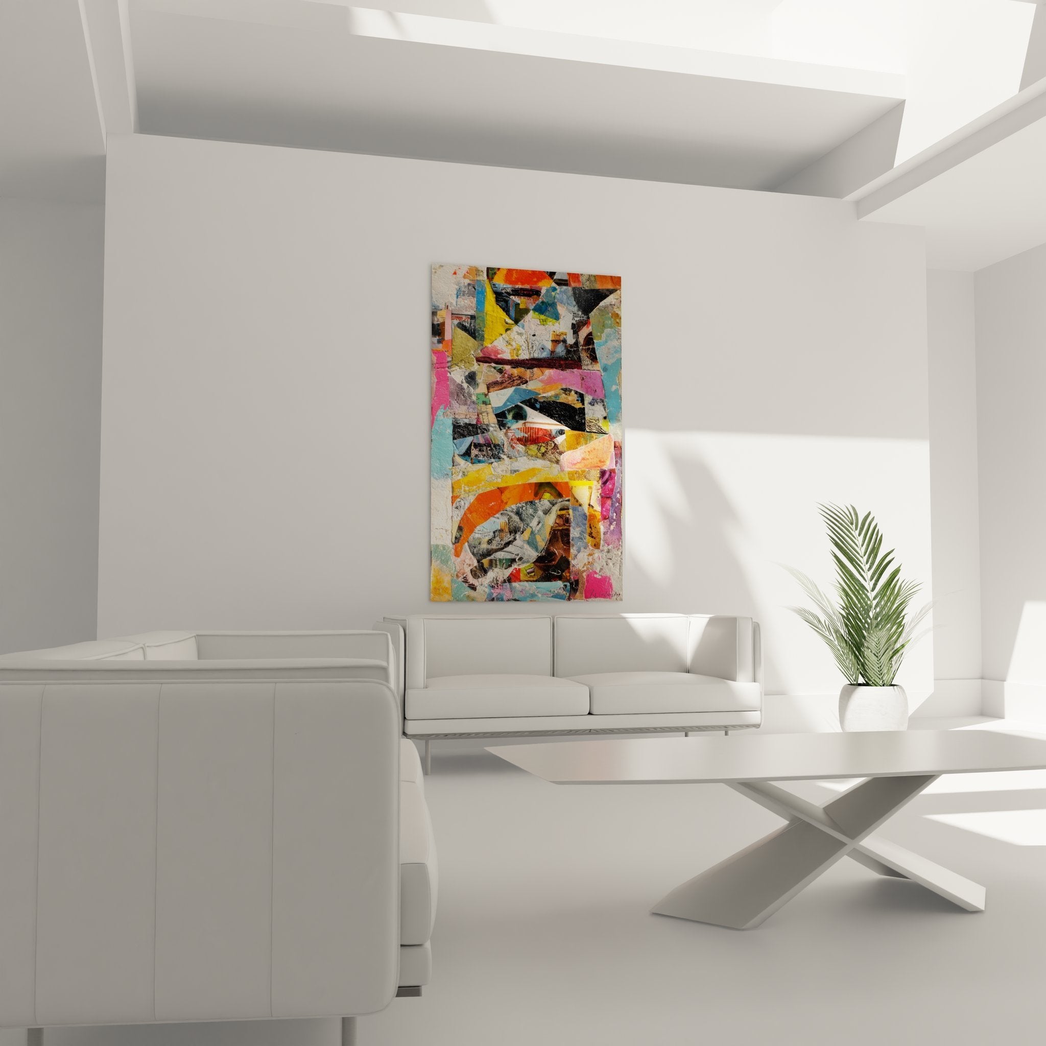 Detailaufnahme der abstrakten Collage mit Papierfragmenten und geometrischen Formen in lebendigen Farbtönen