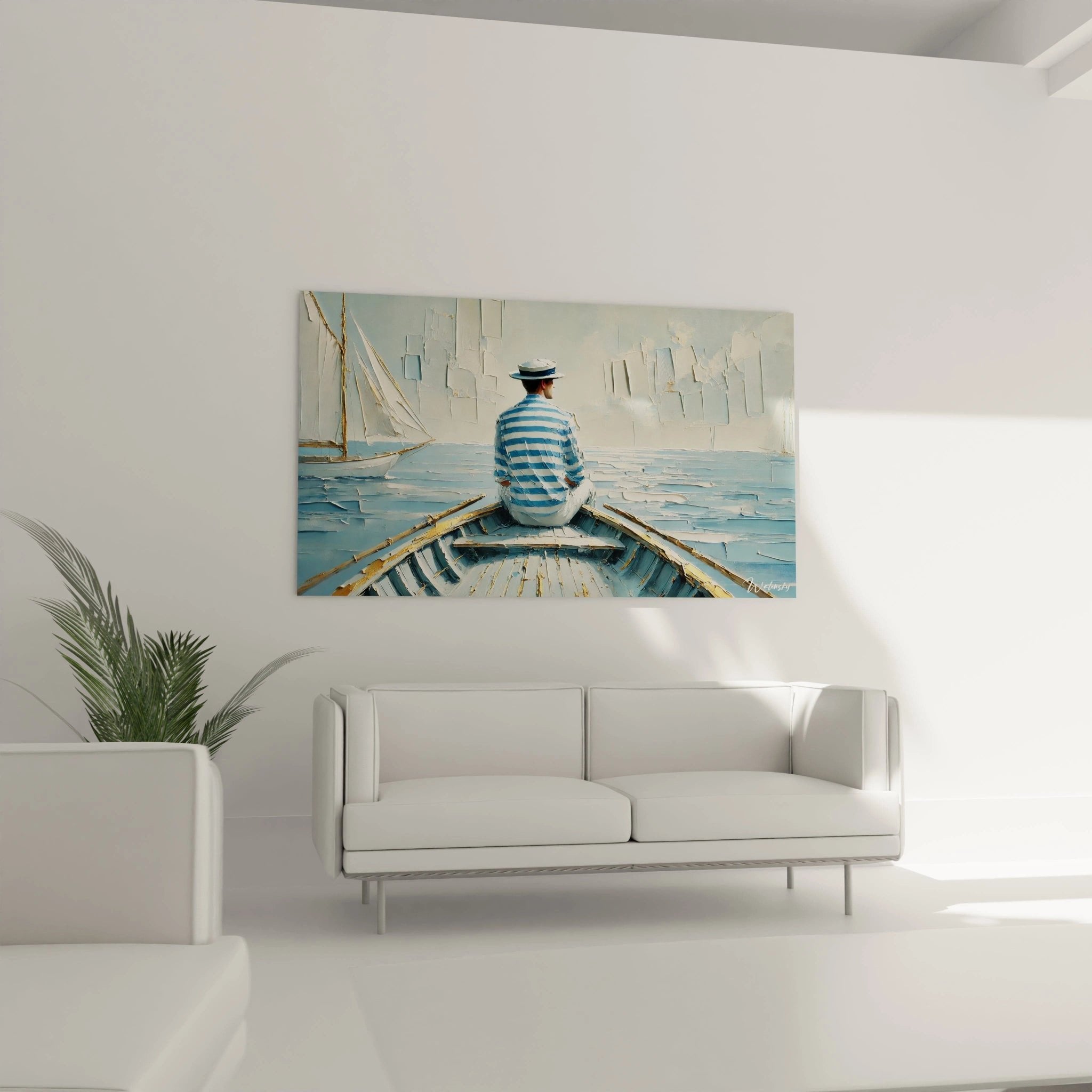 Detailaufnahme maritime Kunst Seemann in gestreifter Kleidung mit Spachteltechnik und Textur