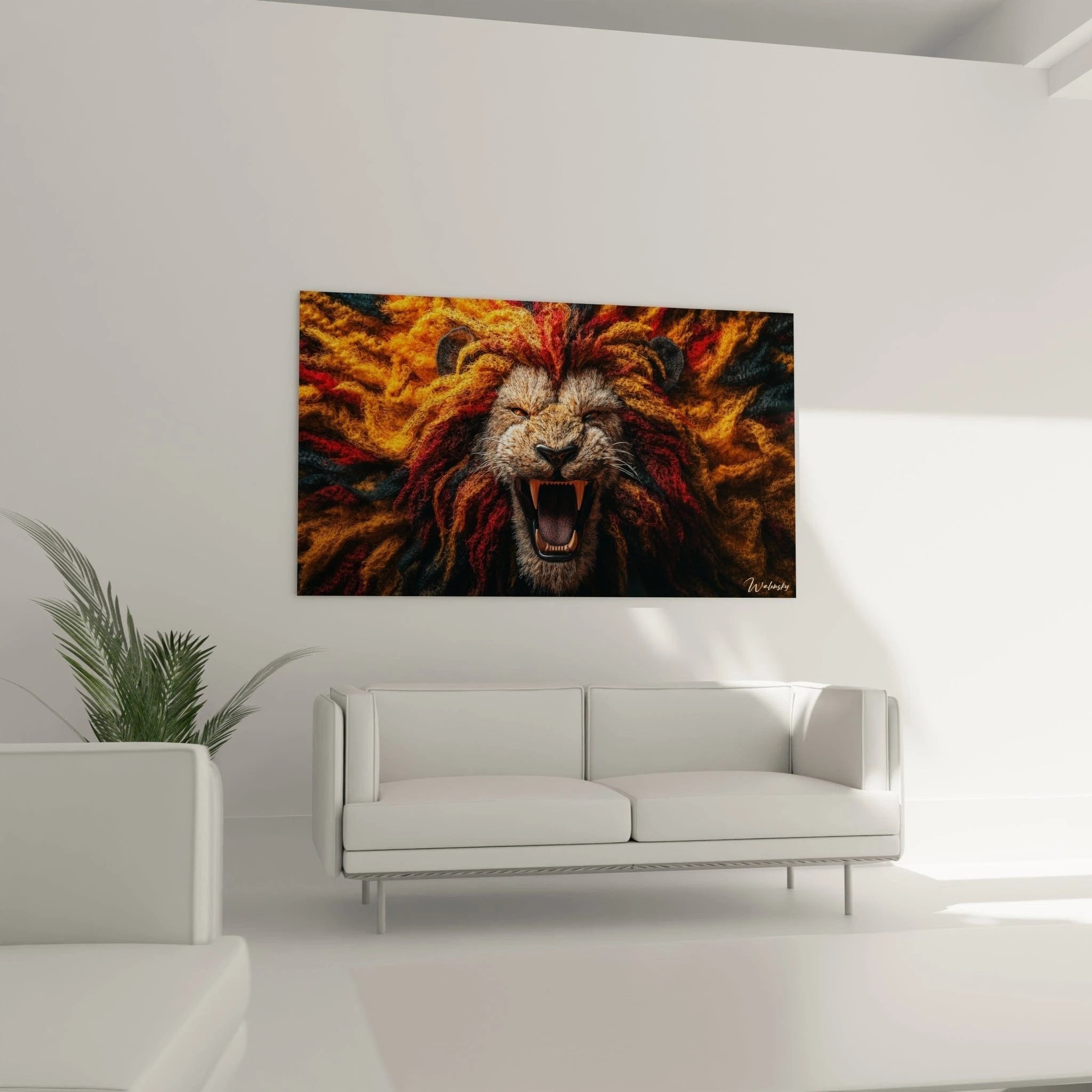 Detailaufnahme Löwe Häkeloptik, feurige Mähne mit plastischer Textur, durchdringende Augen und kraftvolles Gebiss