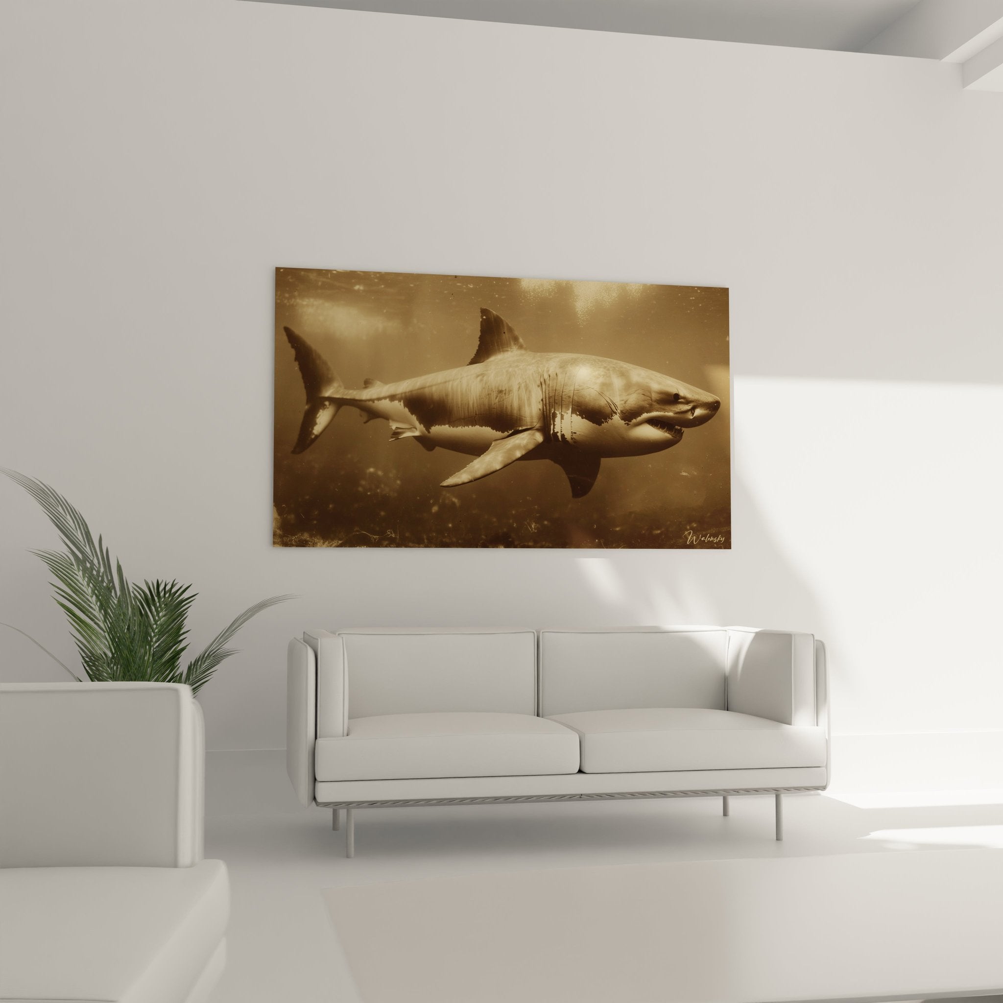 Nahaufnahme Details Megalodon Hai Wandbild - goldene Lichtreflexionen auf prähistorischem Raubtier