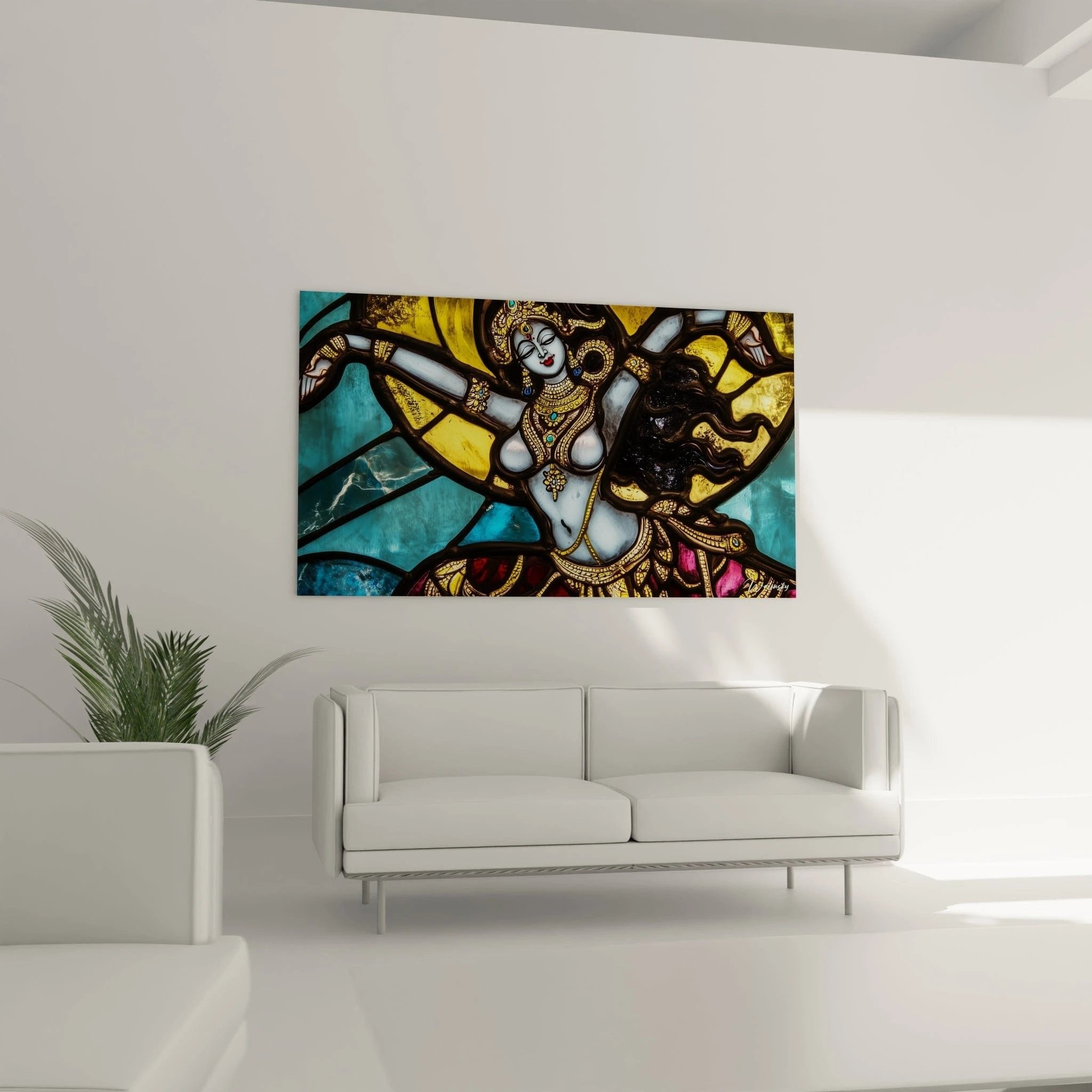 Detailaufnahme der kunstvollen goldenen Verzierungen und blauen Haut der hinduistischen Göttin