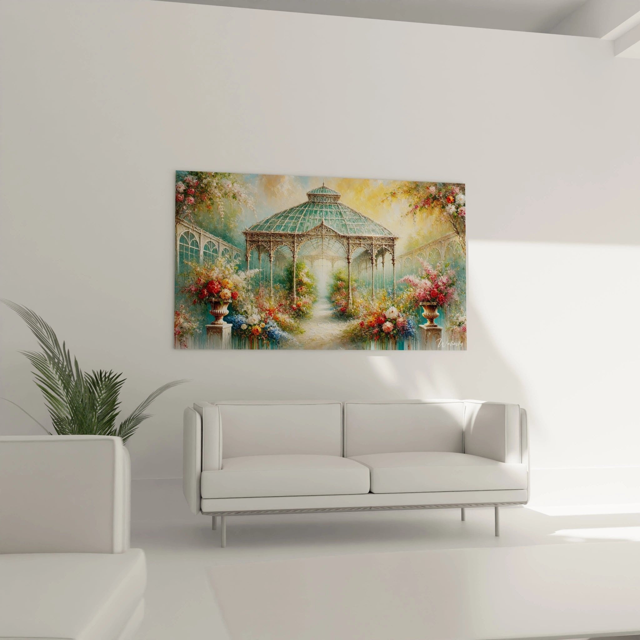 Detailansicht des Wandbildes zeigt kunstvolle Blumenurnen und filigrane Architektur des viktorianischen Pavillons