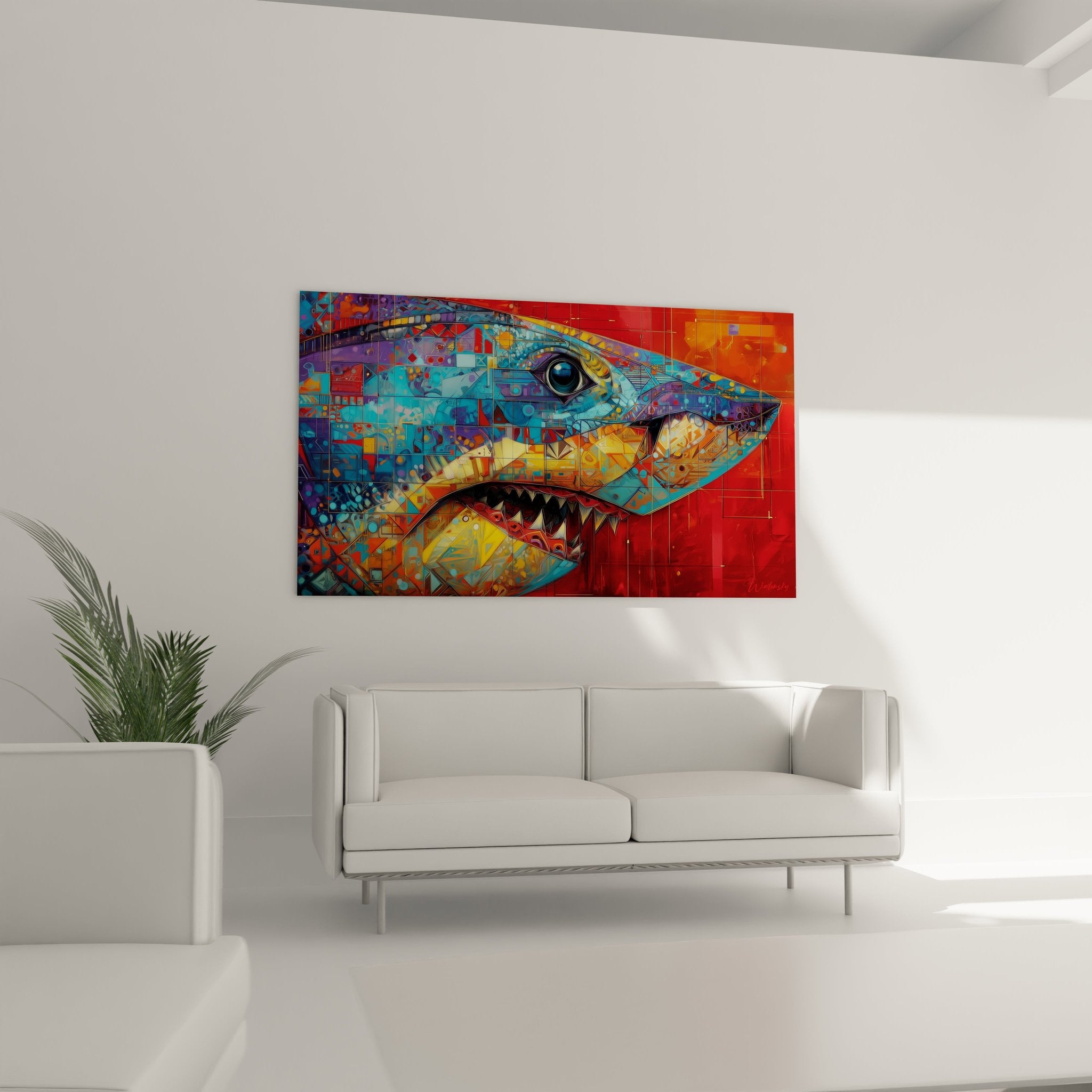 Detailansicht des abstrakten Megalodon Wandbildes mit geometrischen Mustern und leuchtendem Haiauge