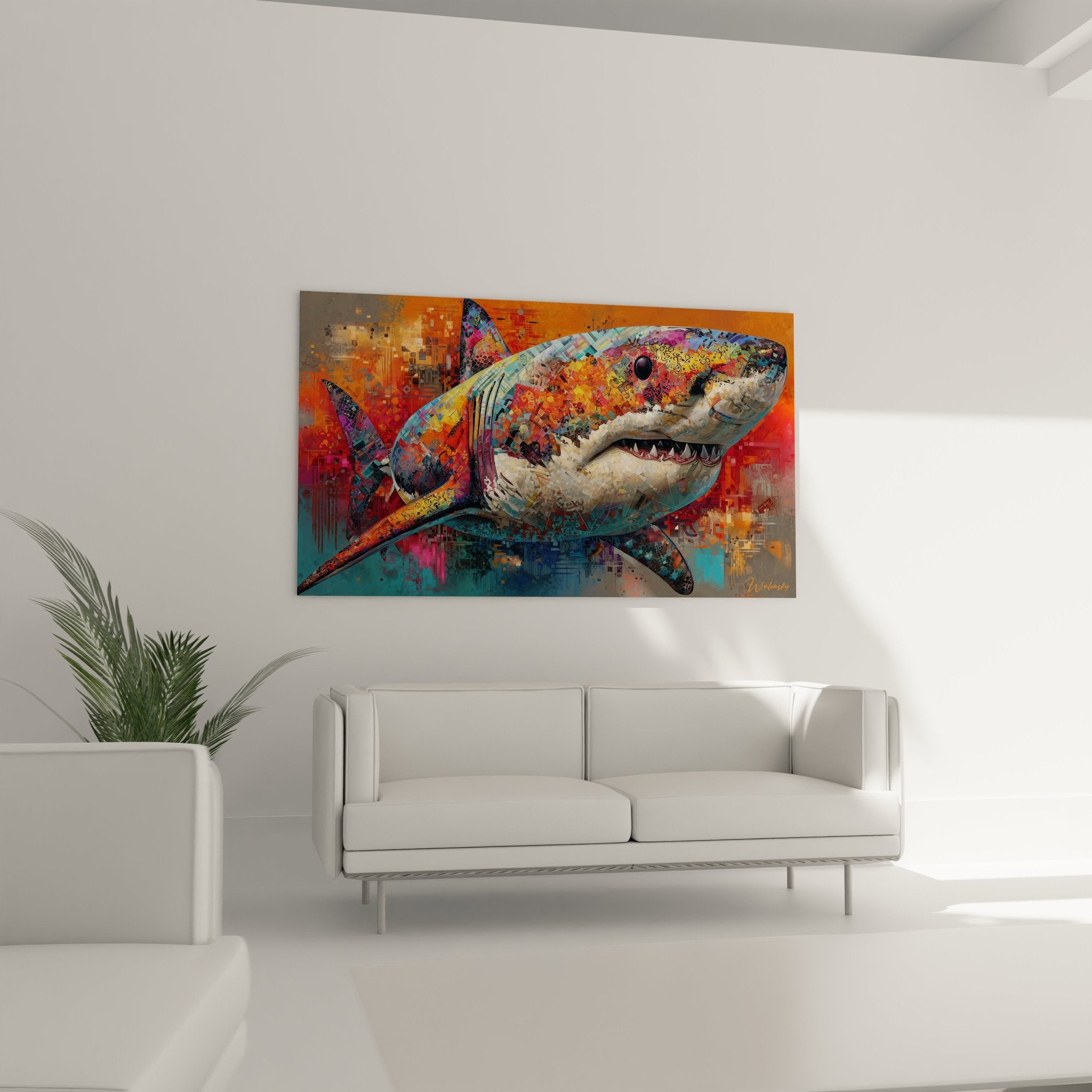 Nahaufnahme des Megalodon Wandbildes zeigt detaillierte Mosaik-Struktur und Farbverläufe