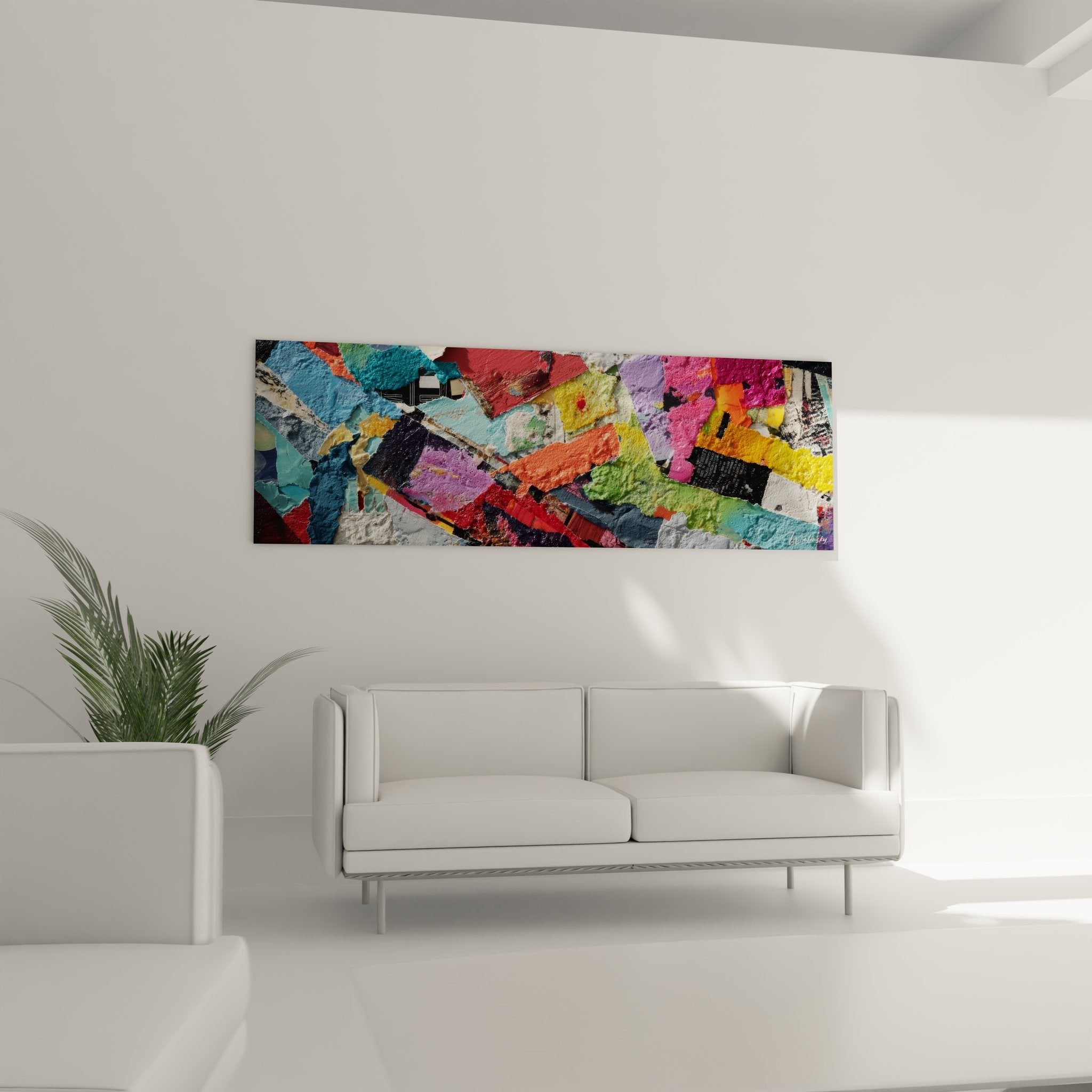 Detailansicht der Collage-Textur mit übereinanderliegenden Papierfragmenten und Farbschichten