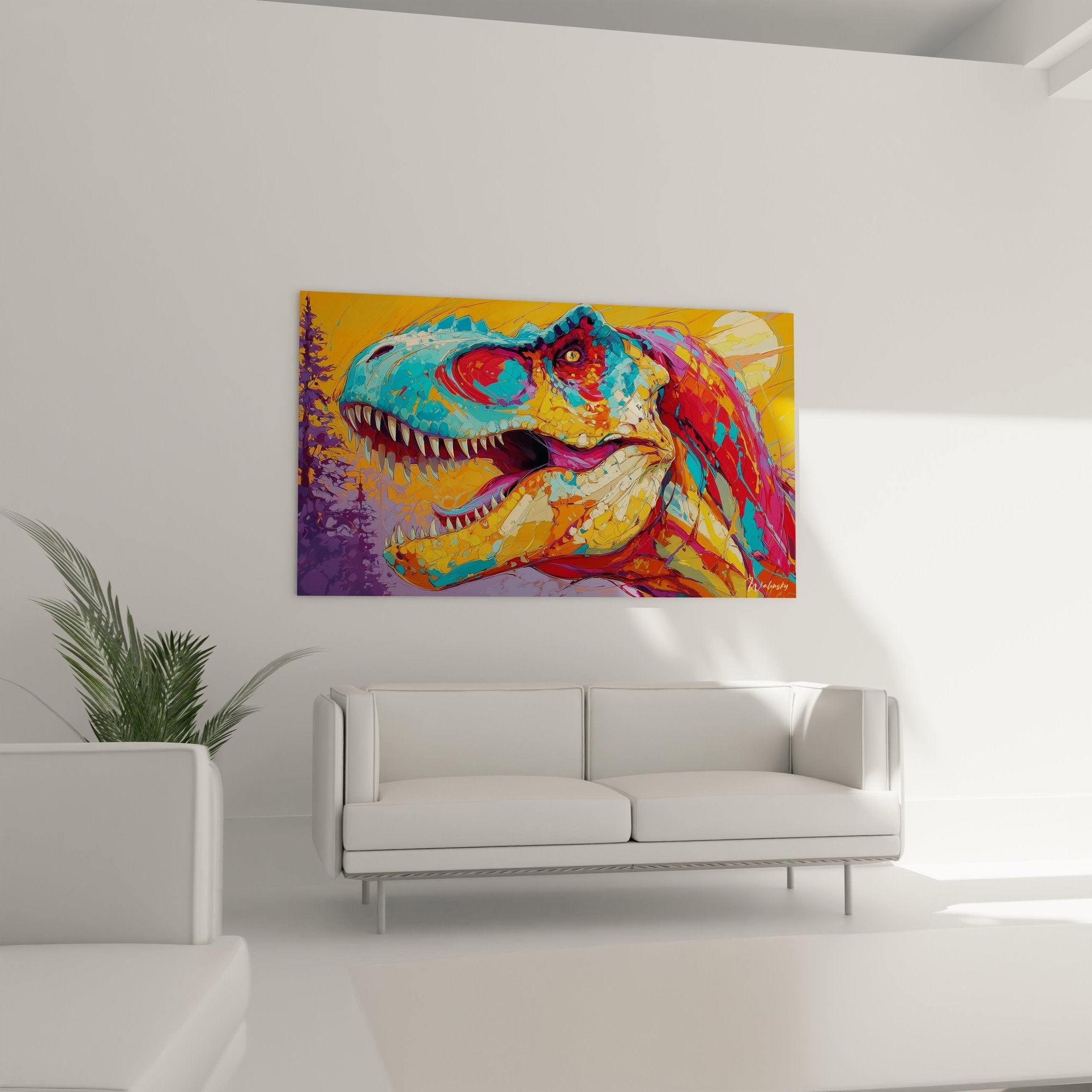 Nahaufnahme des bunten T-Rex Wandbildes - Details der expressionistischen Malerei und leuchtenden Farben