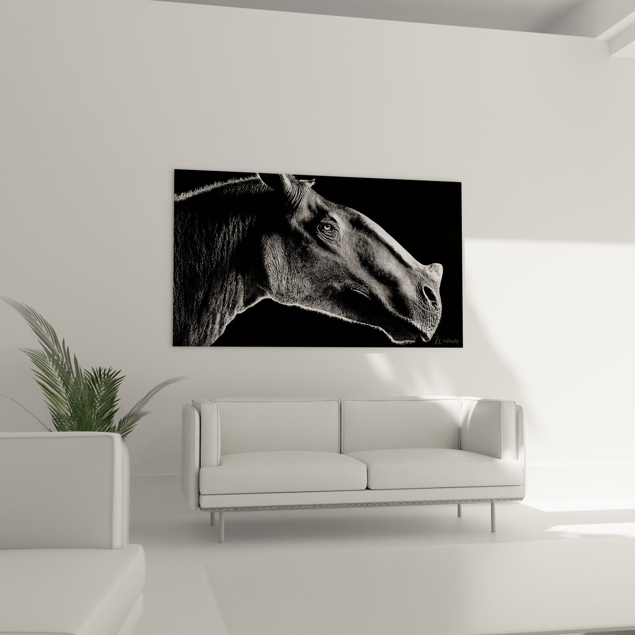 Detailaufnahme des Pferdekopf Wandbildes zeigt kunstvolle Schwarz-Weiß-Fotografie und Druckqualität