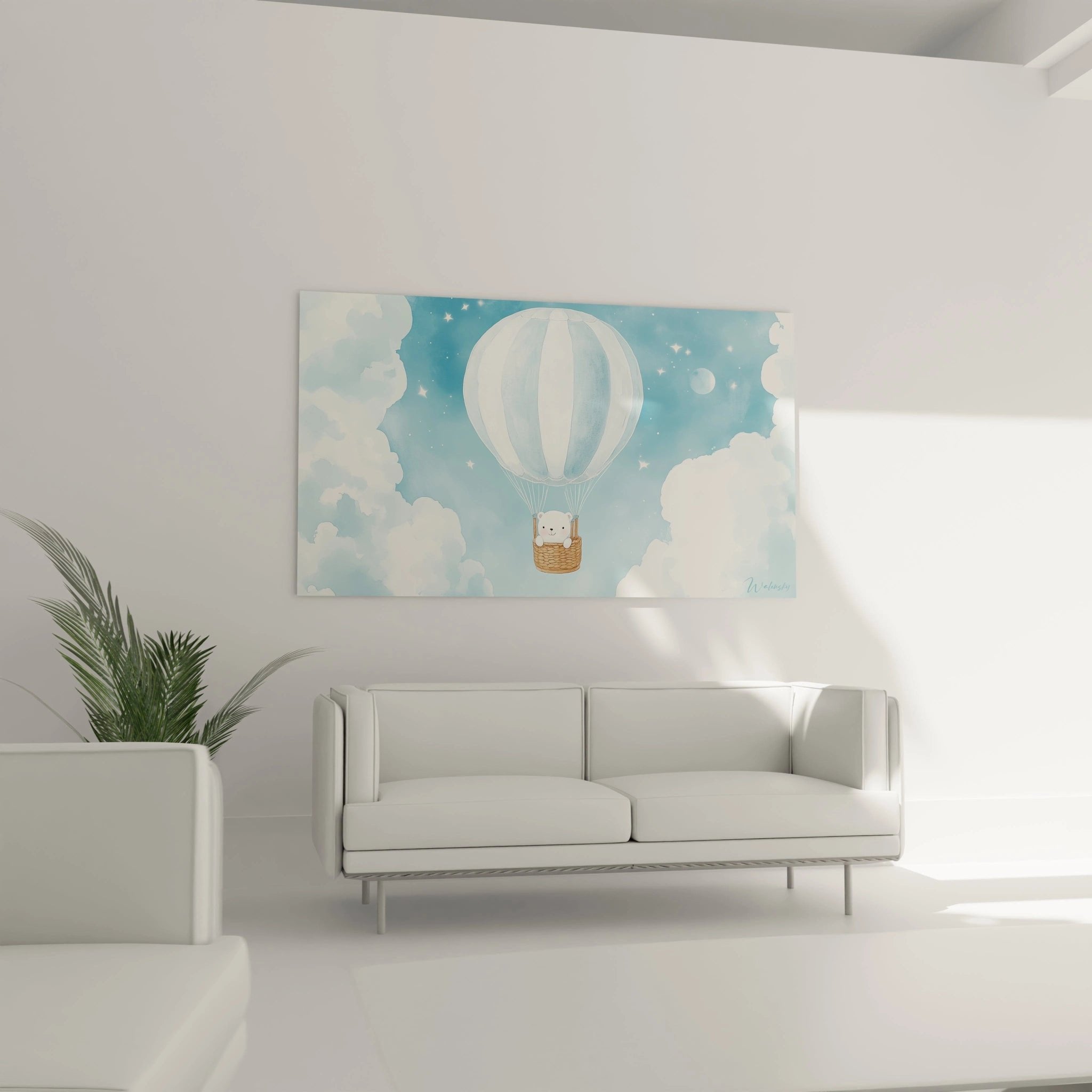 Detailansicht Wandbild zeigt süßen Bären im Weidenkorb unter blau-weißem Heißluftballon