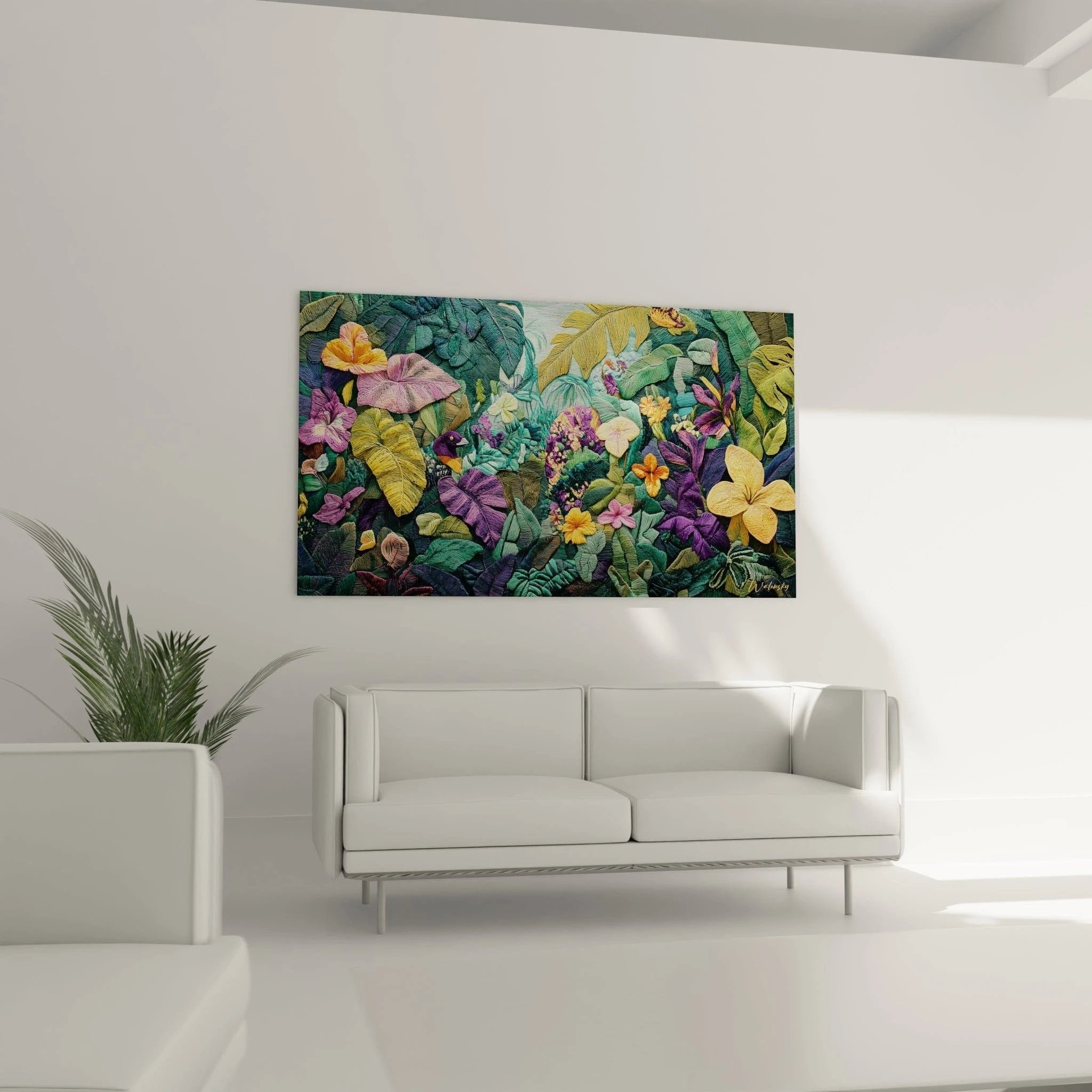 Detailaufnahme des Häkeloptik-Wandbildes: Kolibri zwischen leuchtenden tropischen Blüten und Palmwedeln