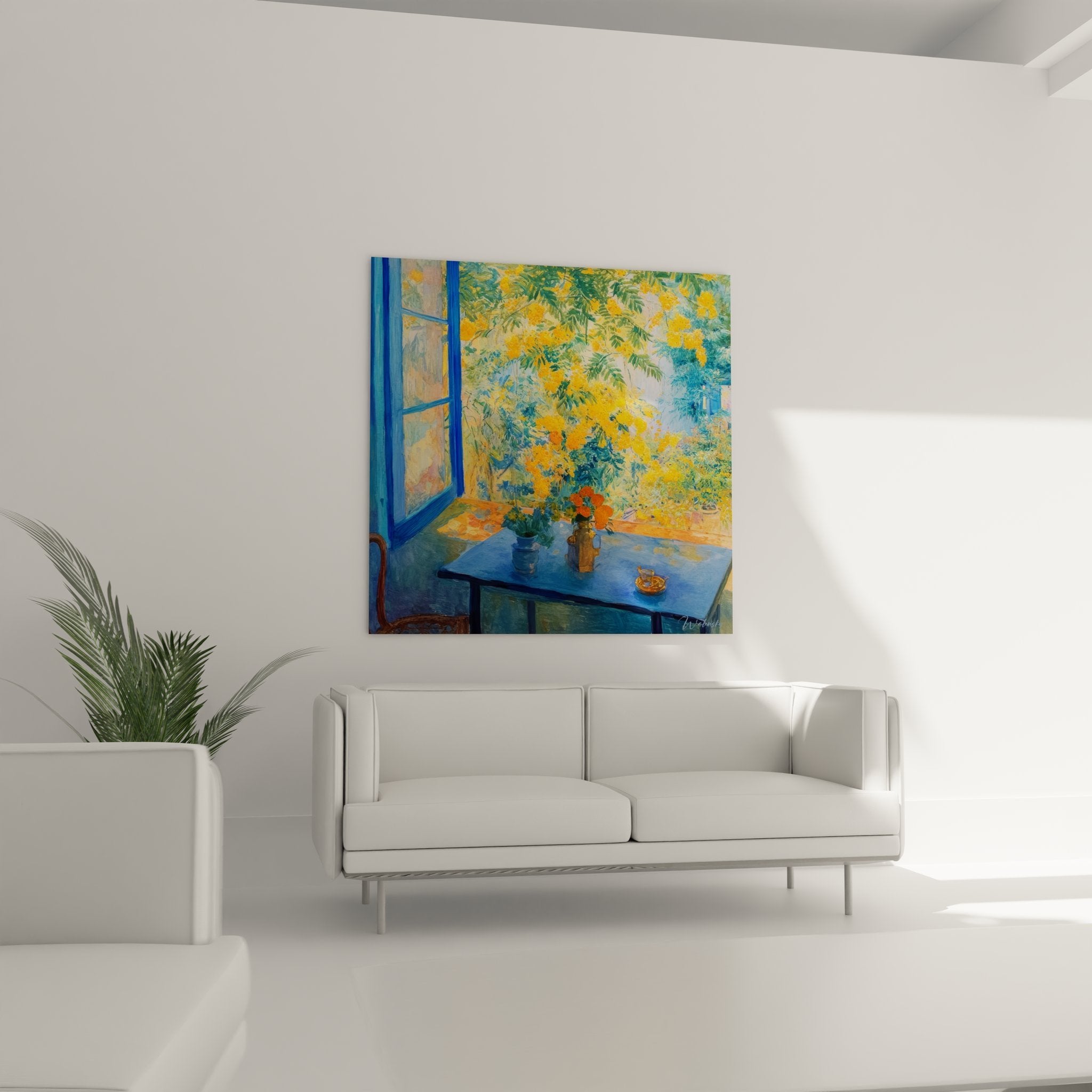 Nahaufnahme Wandbild Detail blauer Tisch mit Blumenvasen vor Fenster mit Gartenblick