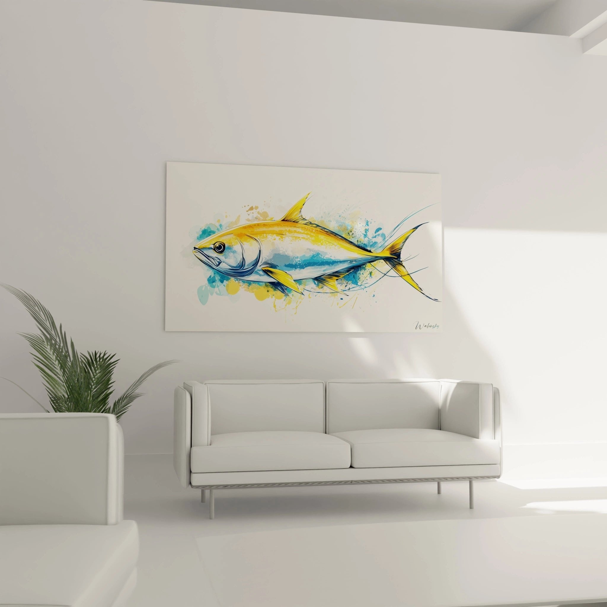 Nahaufnahme des Thunfisch Wandbildes mit detailreichen Aquarell-Farbtönen und künstlerischer Signatur