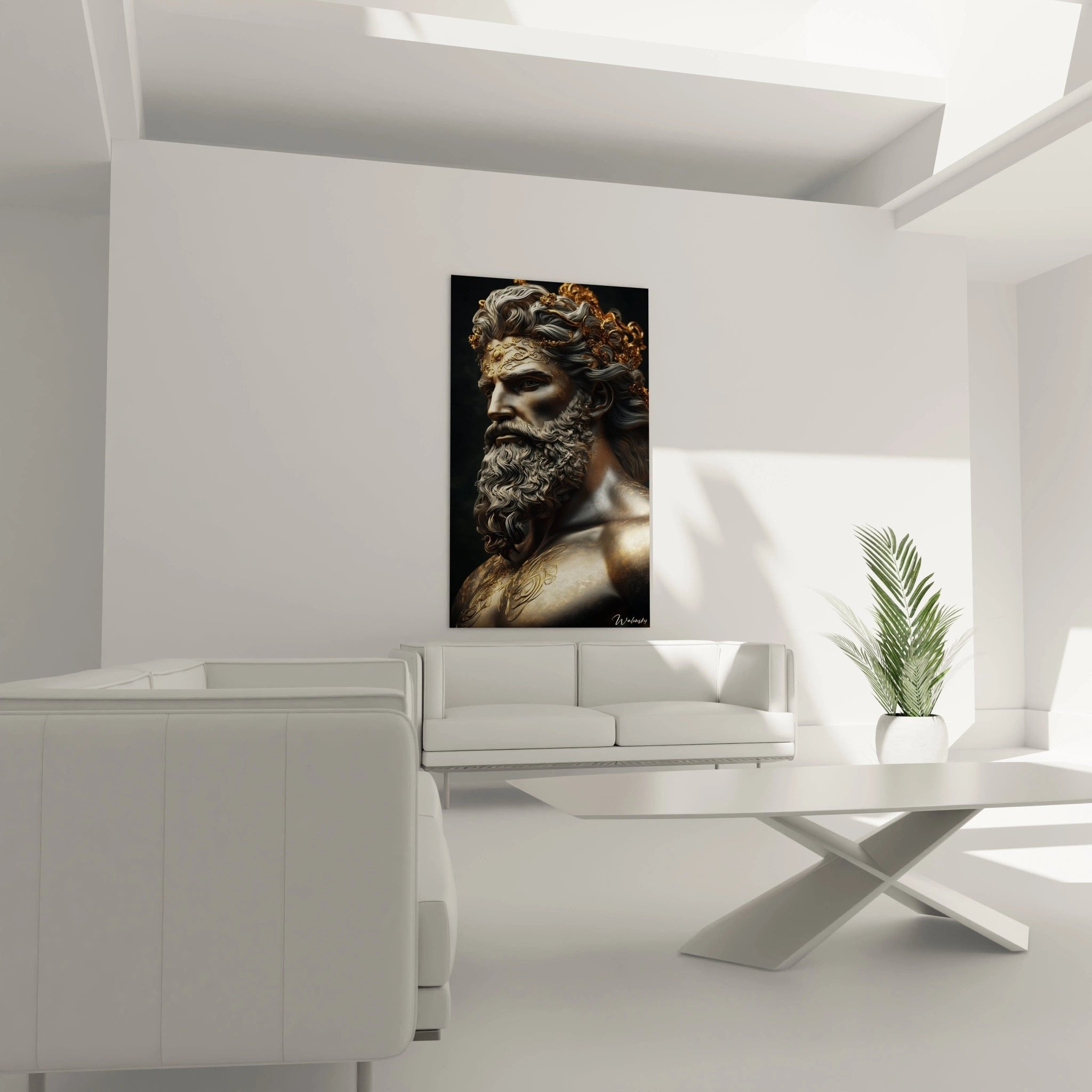 Nahaufnahme antike Gottheit mit goldener Krone, detailreiche Gesichtszüge und lockiger Bart