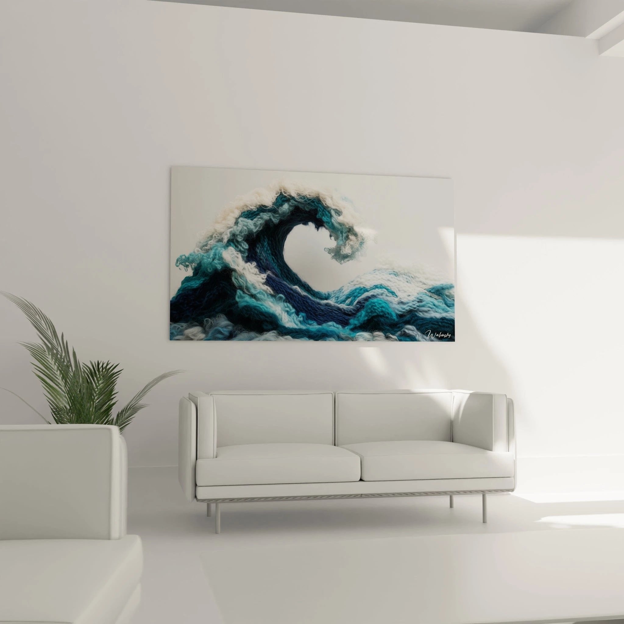 Detailansicht Häkel-Textur der Welle mit sichtbarer Faserstruktur in Blau- und Weißtönen