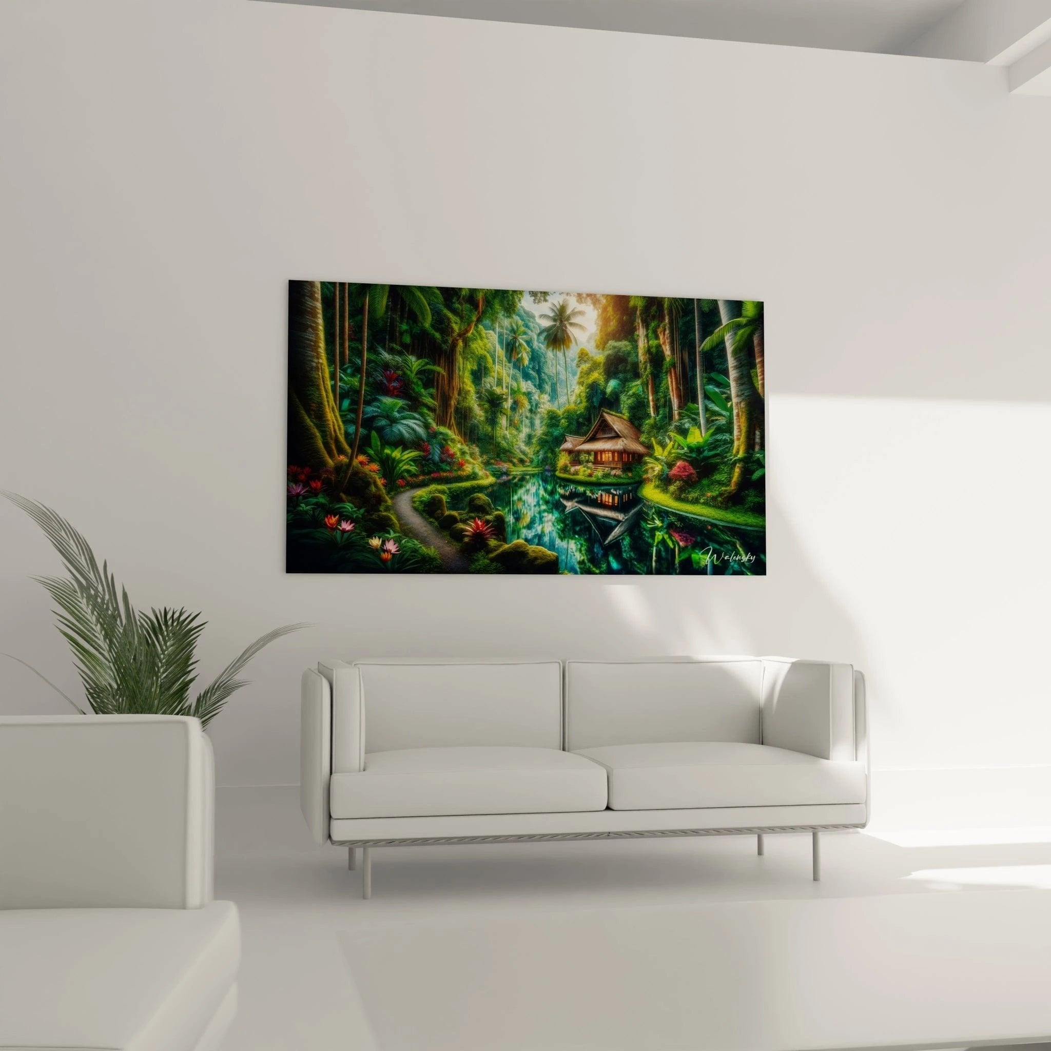 Nahaufnahme Details Dschungel Wandbild mit leuchtenden Bromelien und kristallklarem Fluss im Regenwald