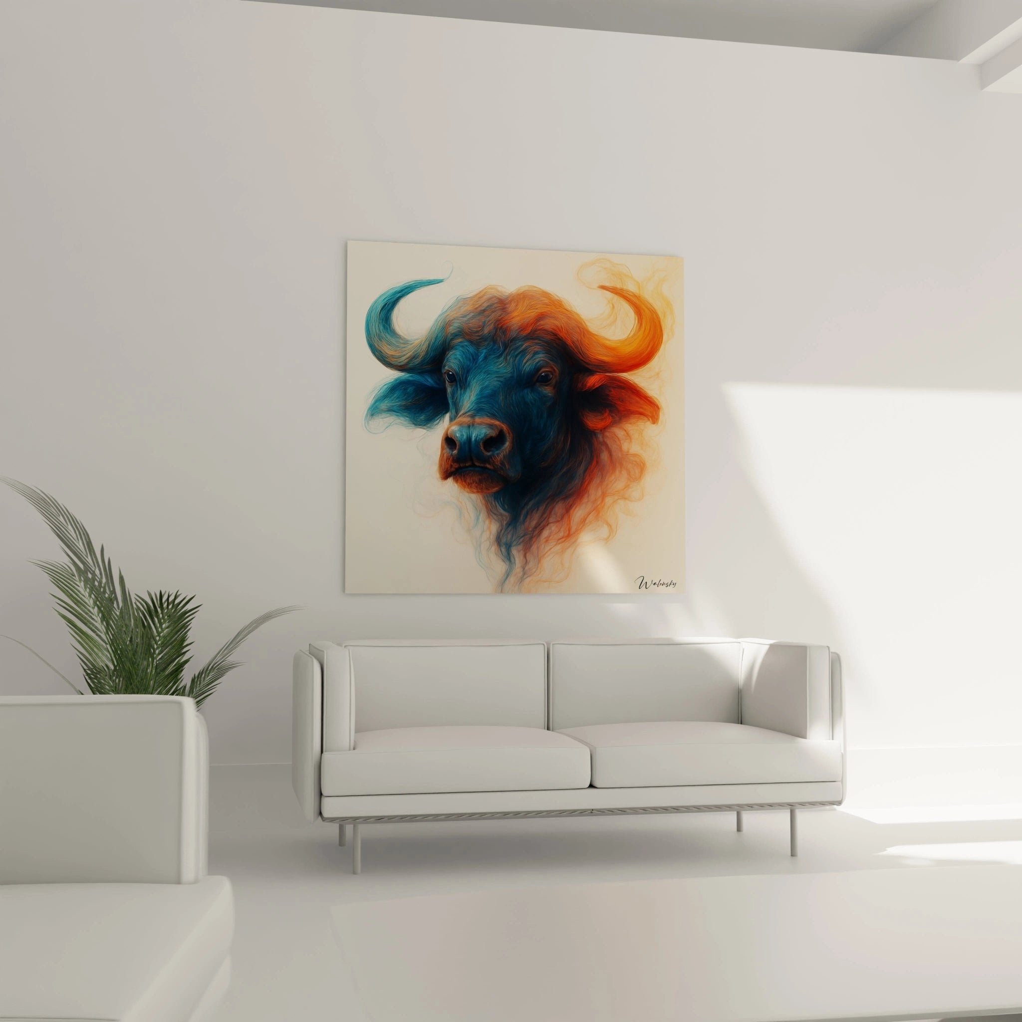 Nahaufnahme des Büffel Portraits mit detaillierter Darstellung der fließenden Farbübergänge