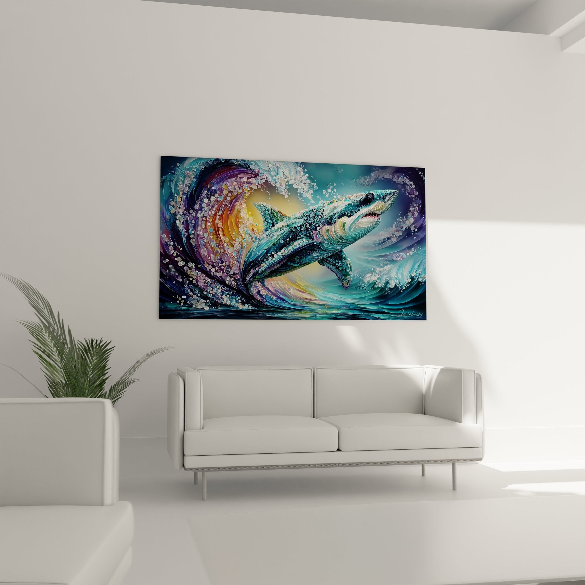 Detailaufnahme des Wal Wandbildes zeigt kunstvolle Wasserstrukturen und schimmernde Blasen im Ozean