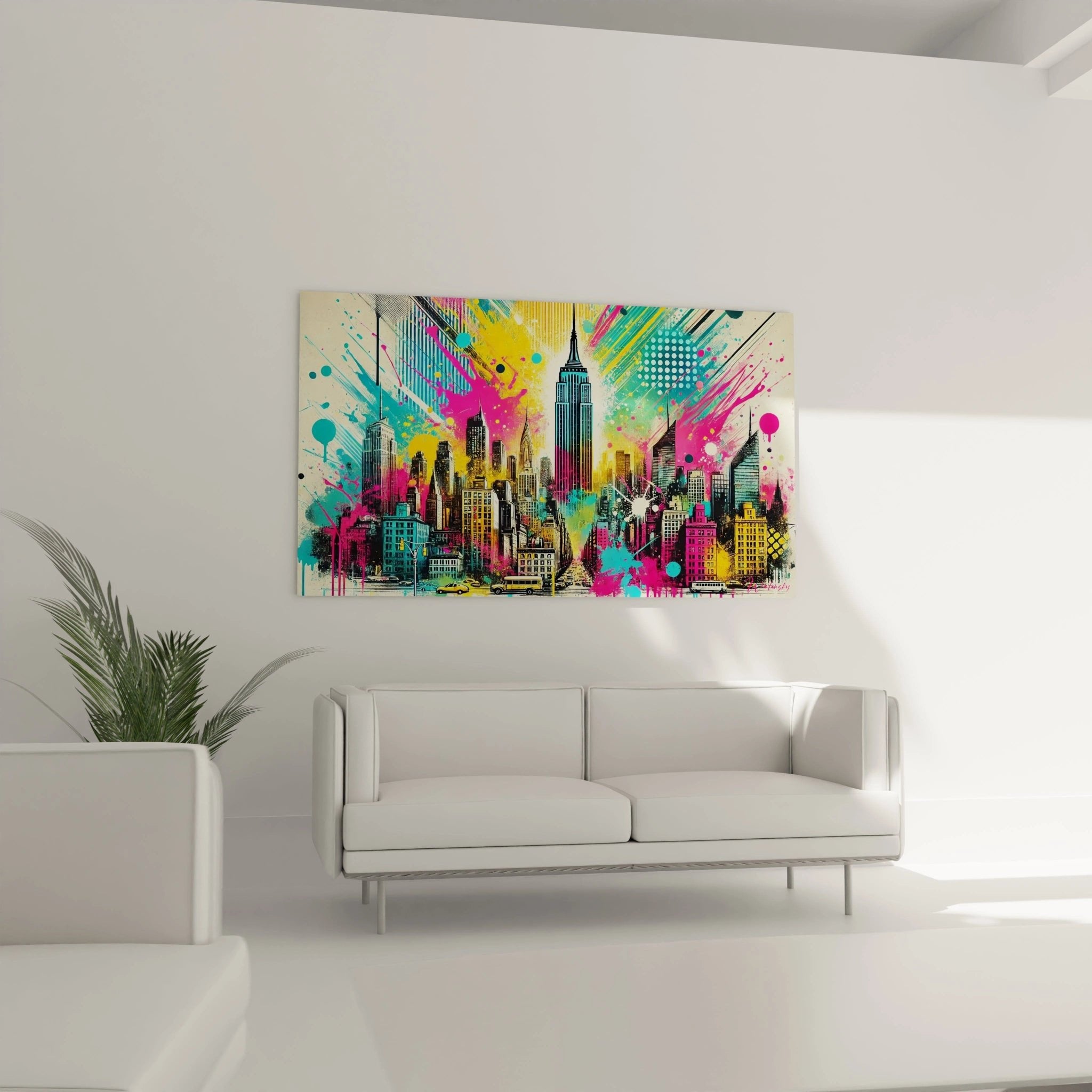 Nahaufnahme des abstrakten New York Wandbildes mit Empire State Building und Farbexplosionen