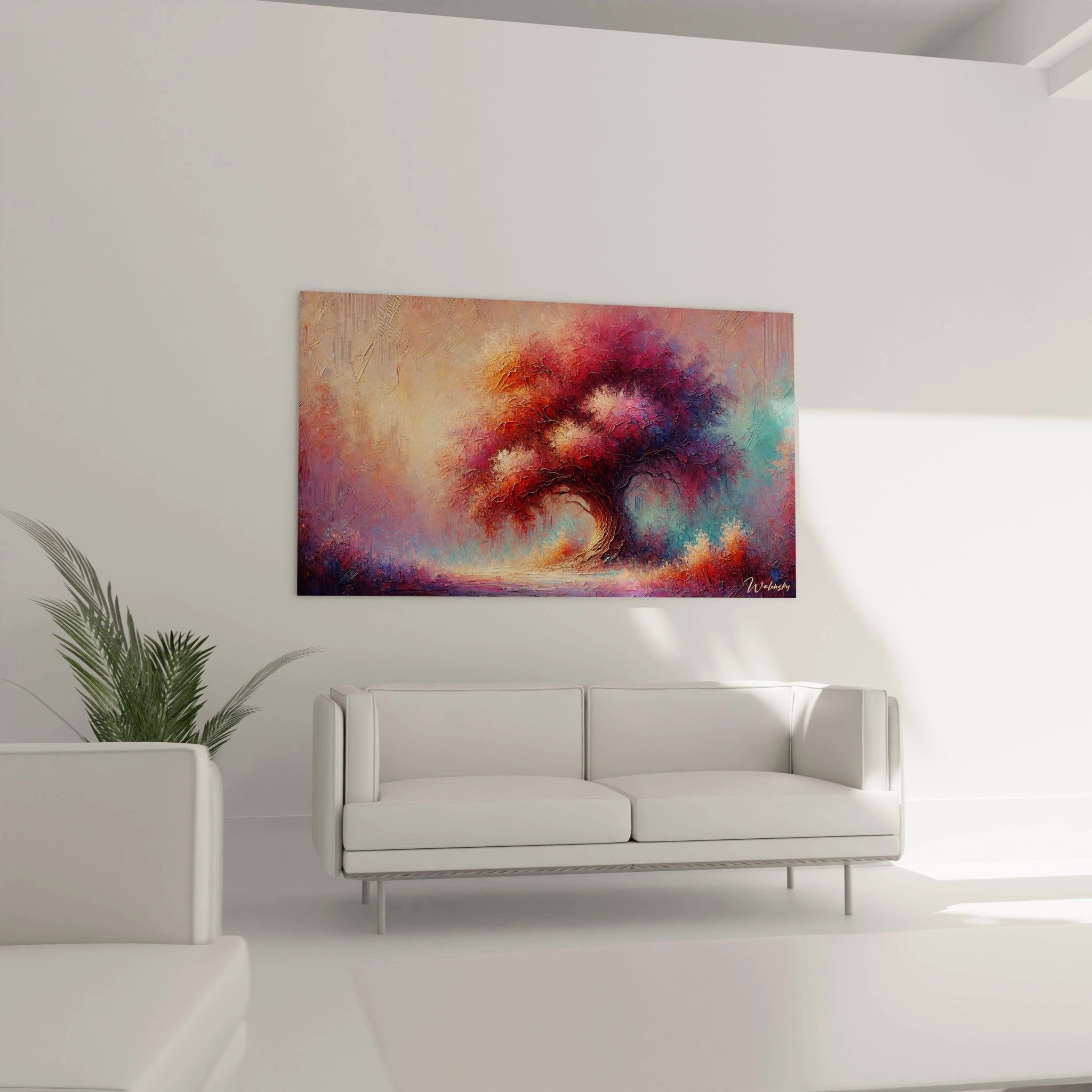 Nahaufnahme der pastosen Pinselstriche und lebendigen Texturen des abstrakten Lebensbaum-Wandbildes