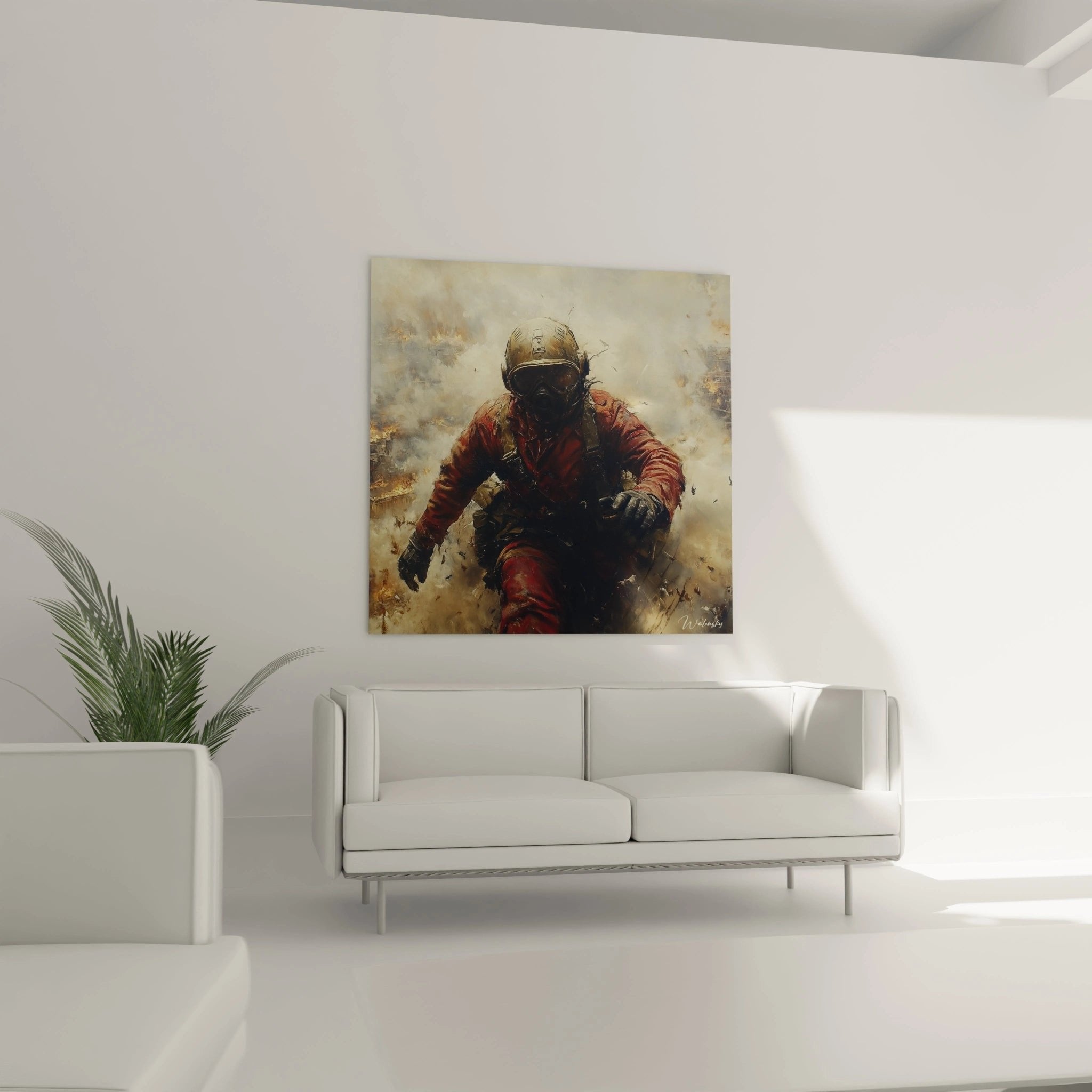 Detailansicht Wandbild Erster Weltkrieg Soldat mit authentischer Gasmaske und Uniform