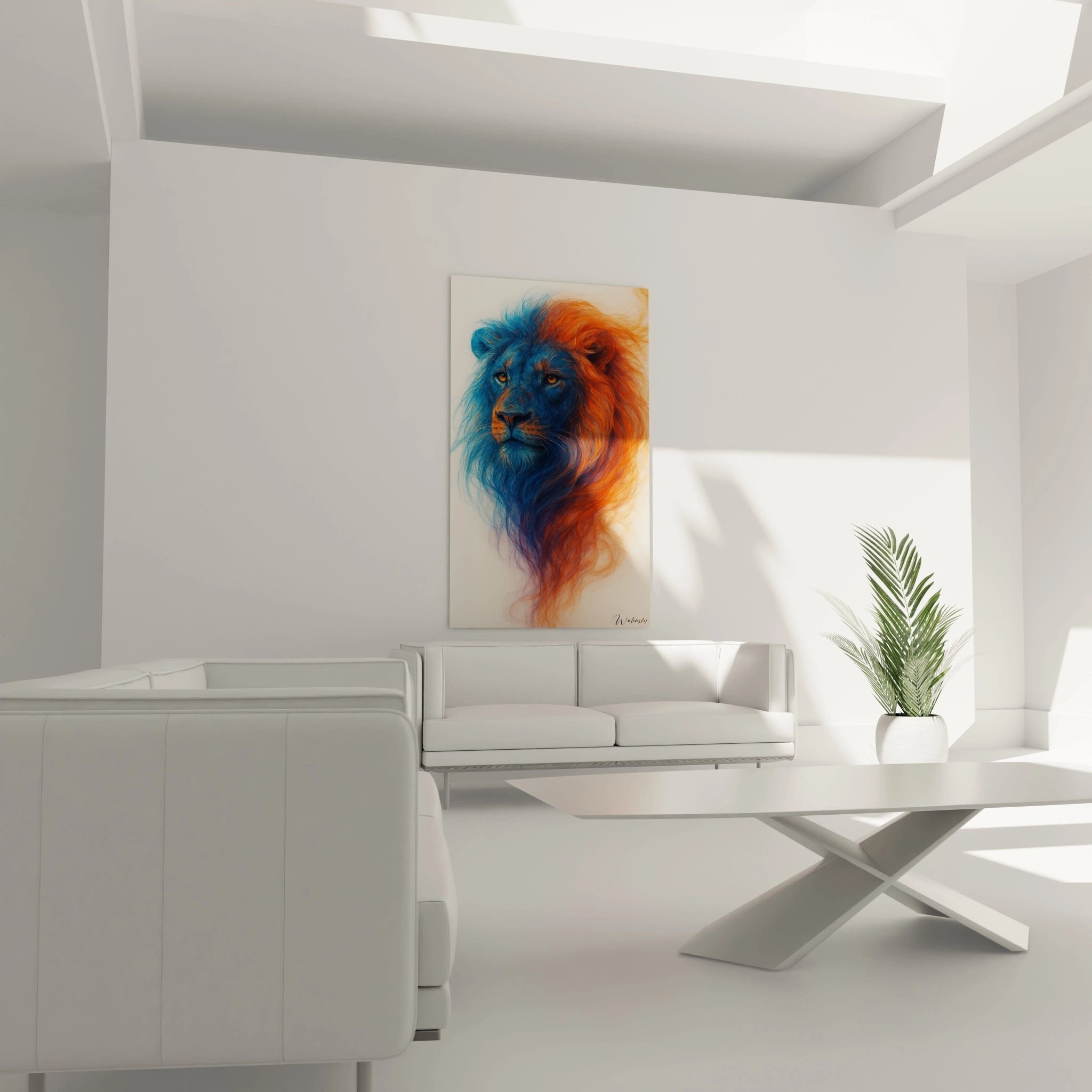 Detailansicht des Löwen-Porträts zeigt fließende Blau-Orange Übergänge und bernsteinfarbene Augen