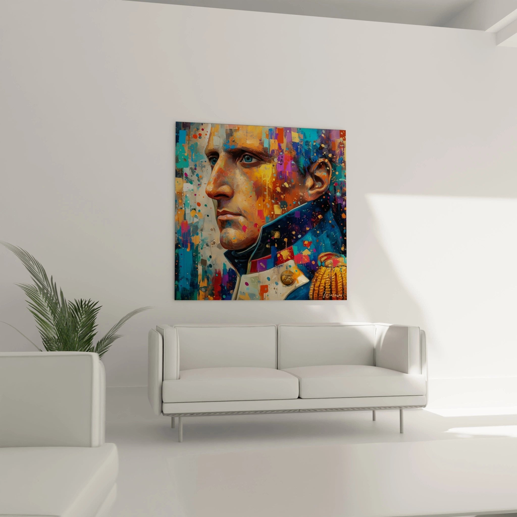 Detailaufnahme Napoleon Porträt abstrakt - blaue Augen und Farbexplosion in Orange Violett Türkis