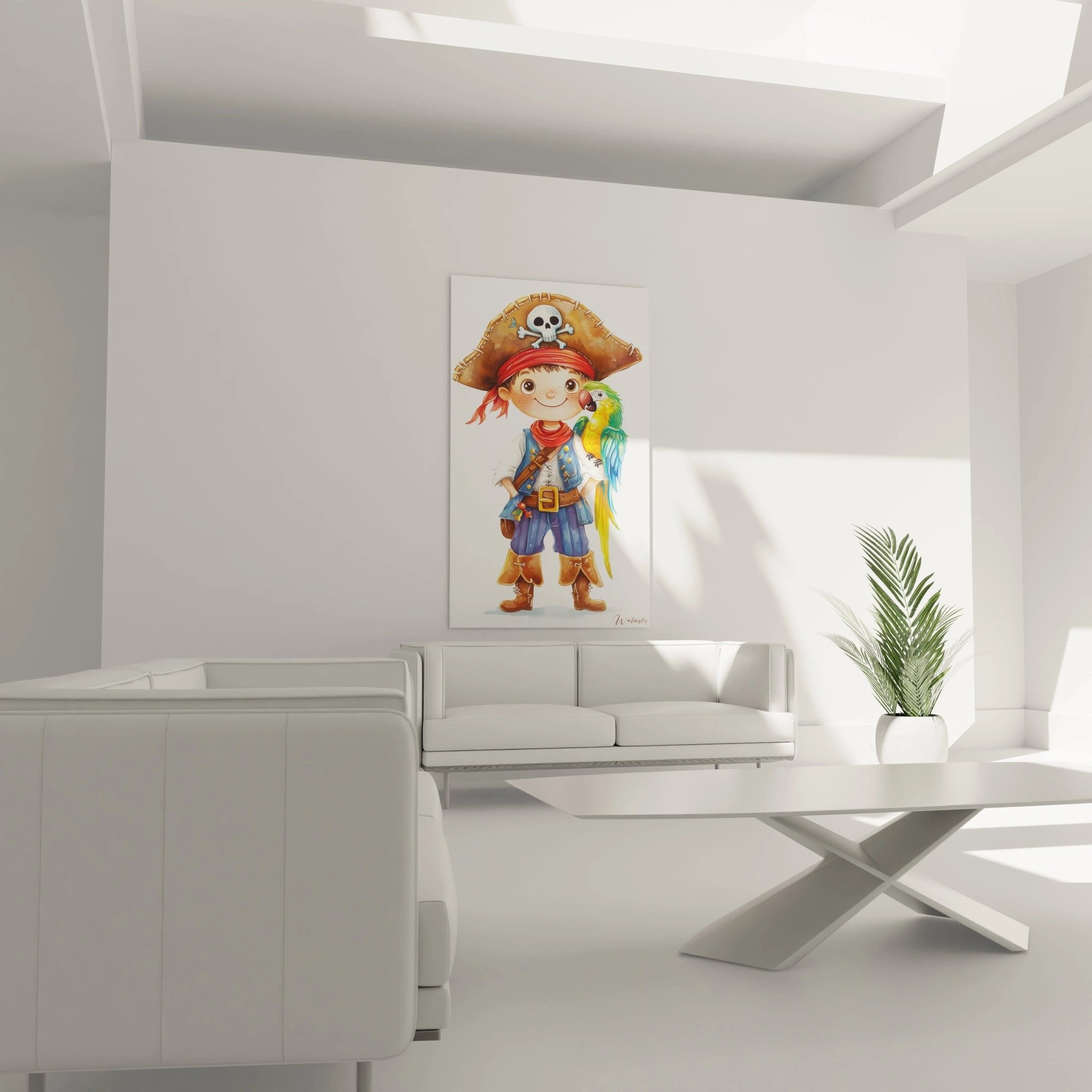 Detailansicht Piraten-Wandbild: Kind mit rotem Kopftuch, blauer Weste und farbigem Papagei