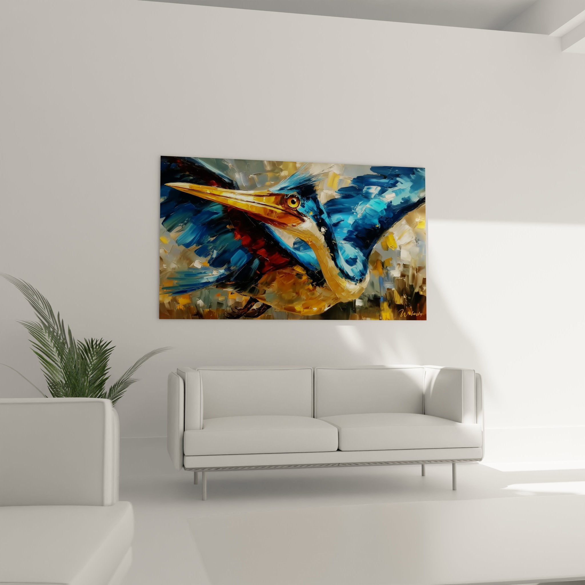 Detailaufnahme des Eisvogel Wandbildes zeigt leuchtend orange-gelbes Auge und blaue Federstruktur