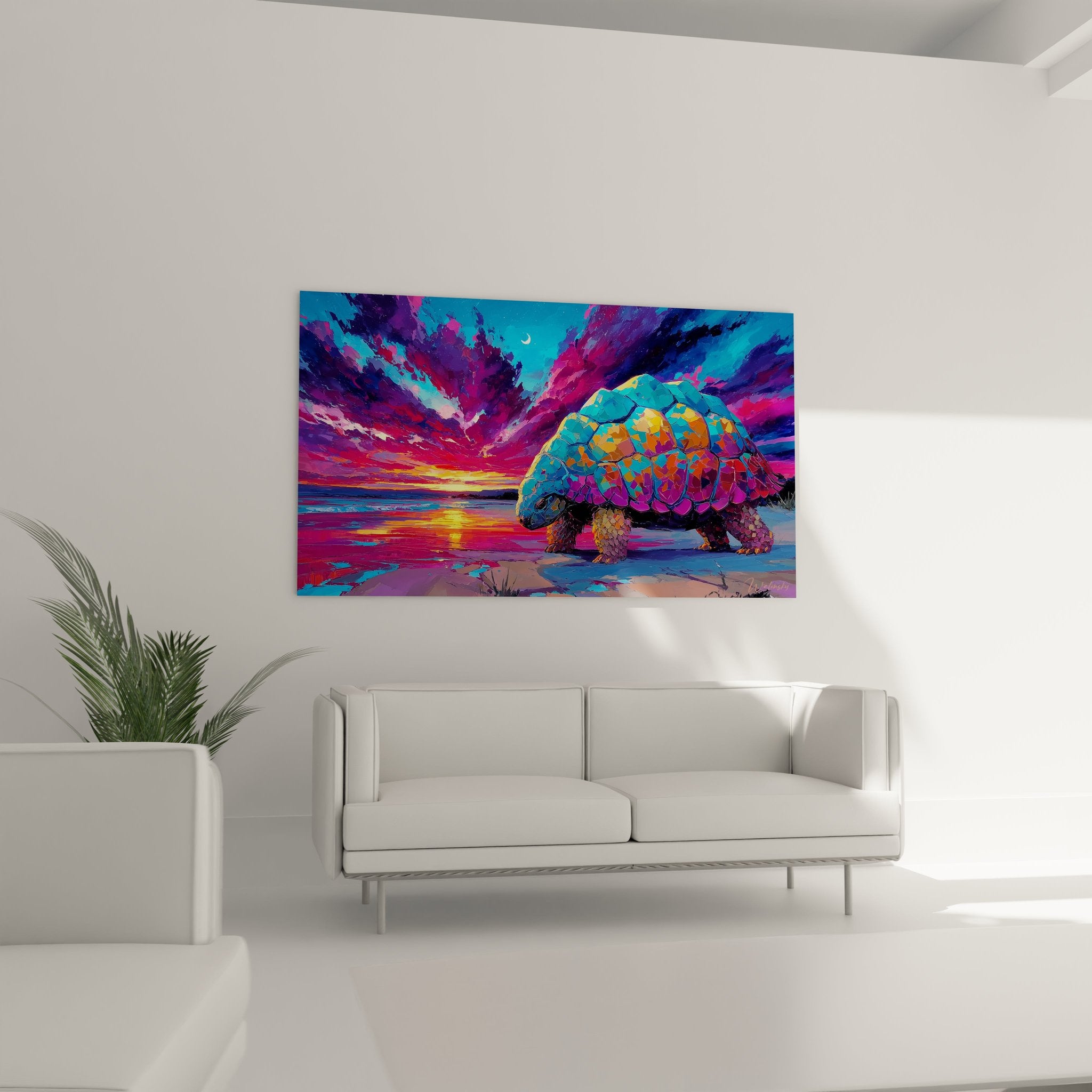 Detailansicht des farbigen Glyptodon Panzers in türkis, orange und violett bei Sonnenuntergang am Wasser