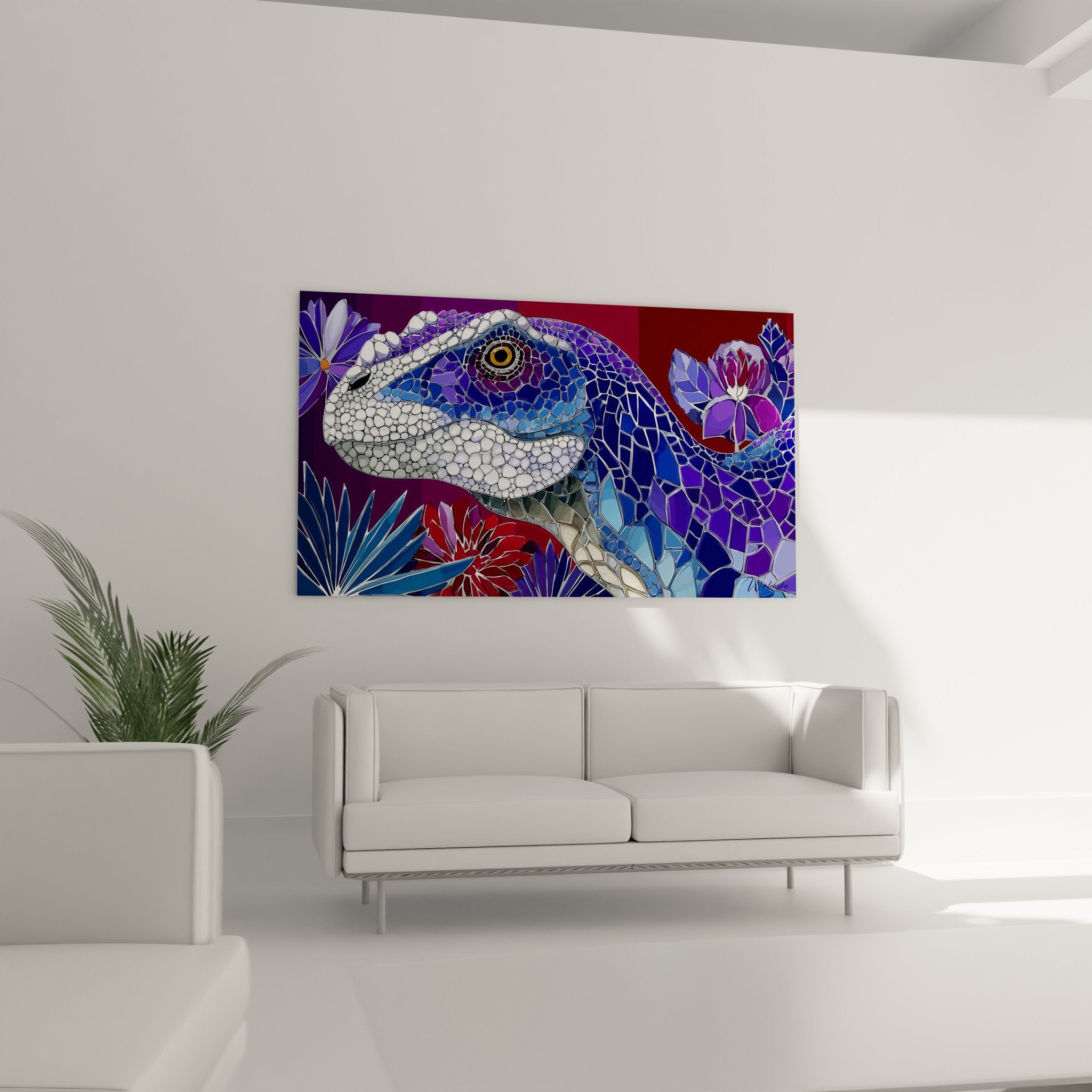 Detailaufnahme des Scutosaurus Mosaiks mit strukturiertem Reptilienauge und Glasfragment-Optik