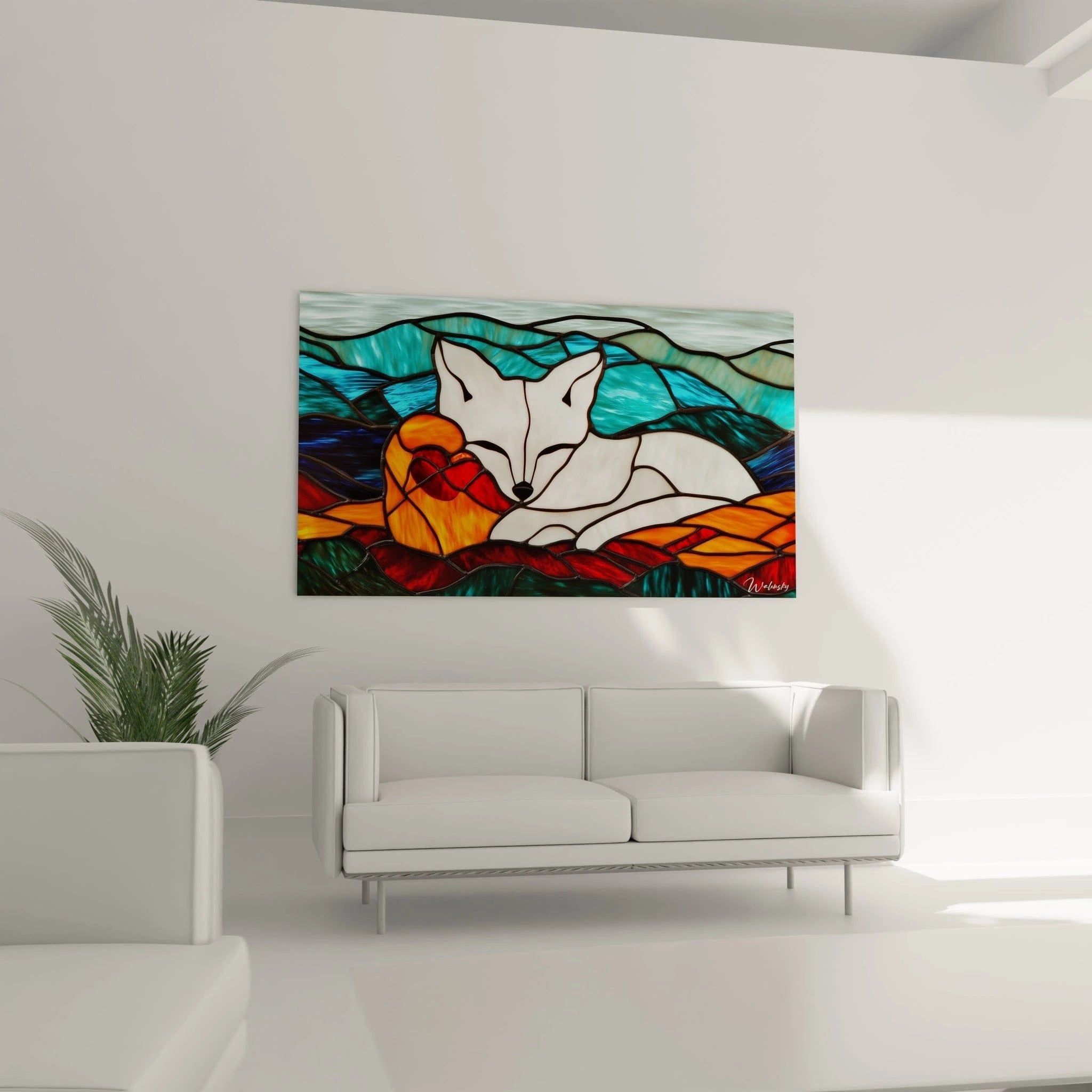 Detailaufnahme Fuchs Glasmalerei-Wandbild mit leuchtenden Orangetönen und präzisen schwarzen Konturen