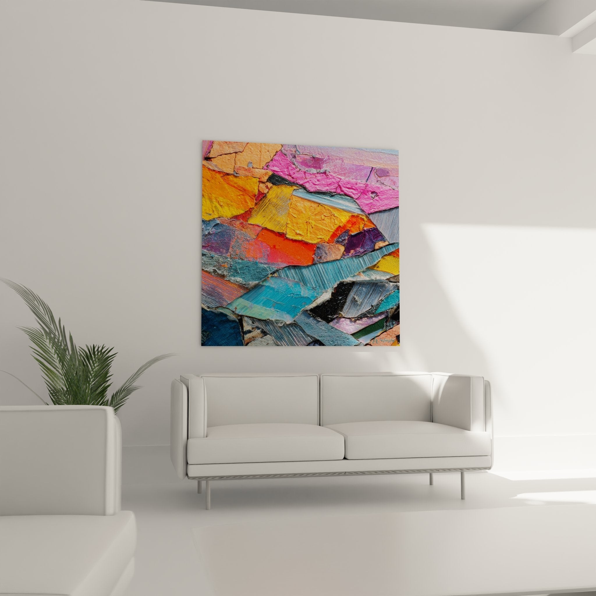 Nahaufnahme der strukturierten Farbschichten mit Pink Orange und Blautönen in Collage-Technik