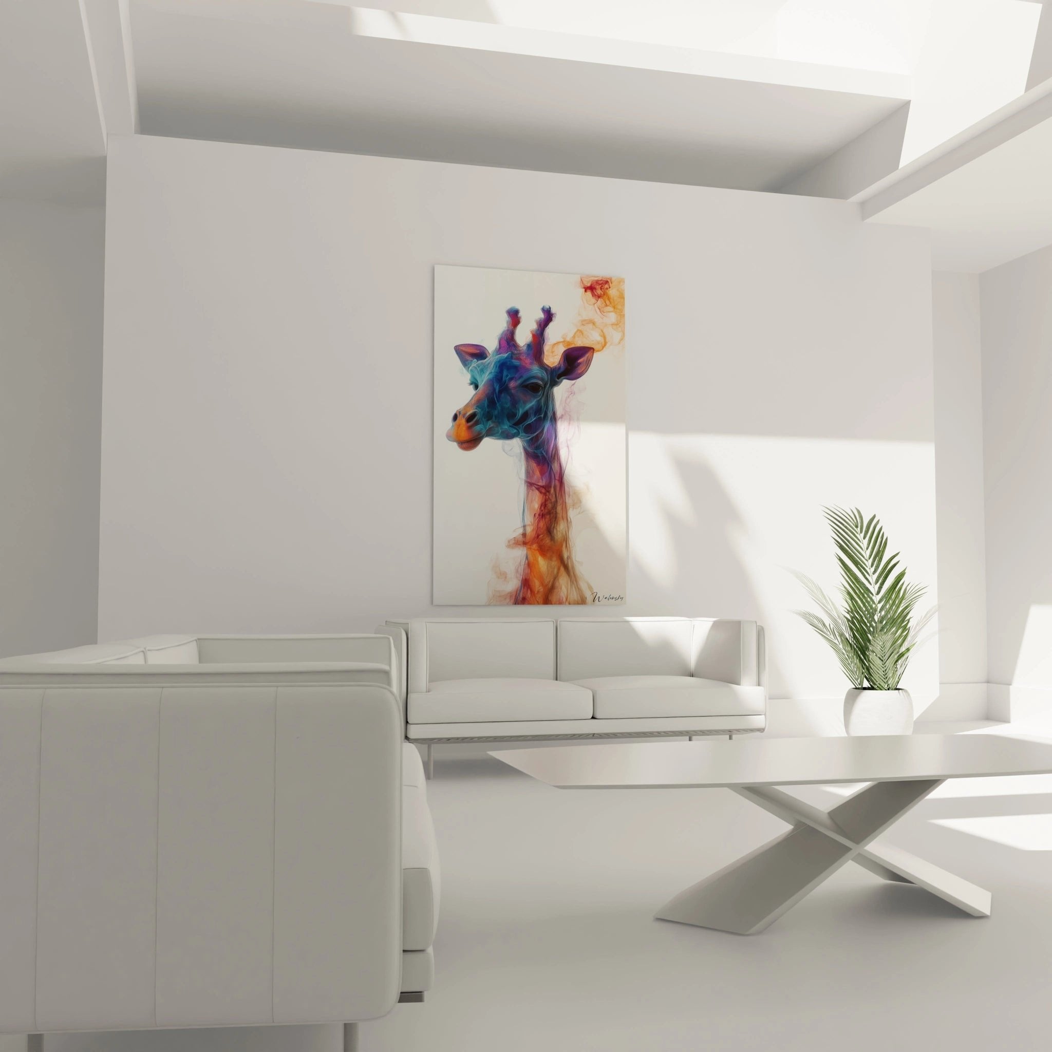 Detailansicht der Giraffe mit fließenden Blau-Orange Farbverläufen in Fluid Art Technik