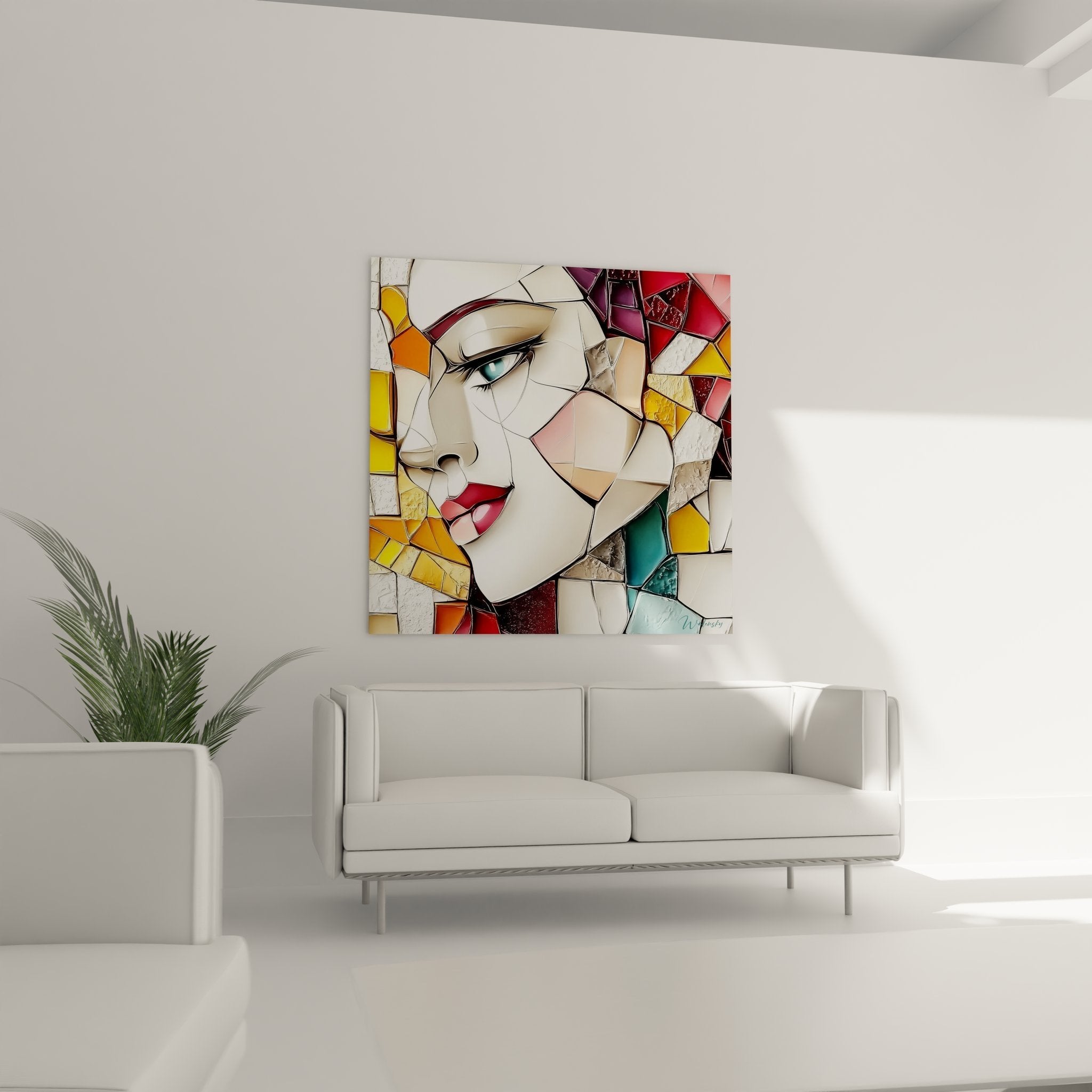 Detailansicht des Glasmosaik-Portraits mit leuchtend blauen Augen und bunten Glasfragmenten