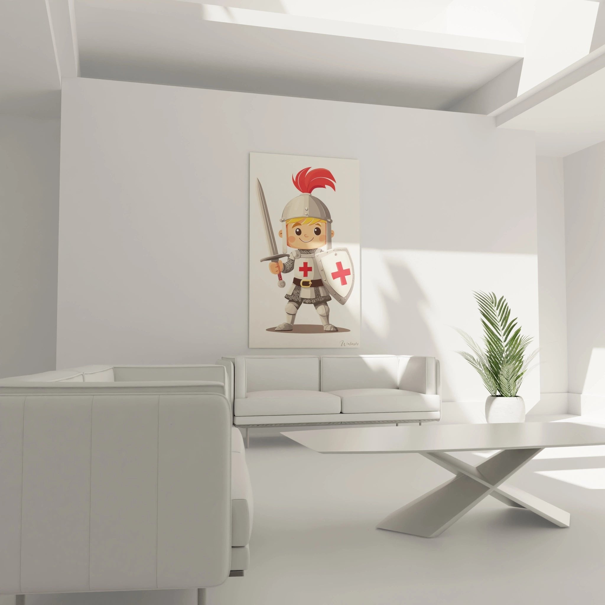 Nahaufnahme des lächelnden Kreuzritter-Gesichts mit detaillierter Rüstung und traditionellem roten Federhelm