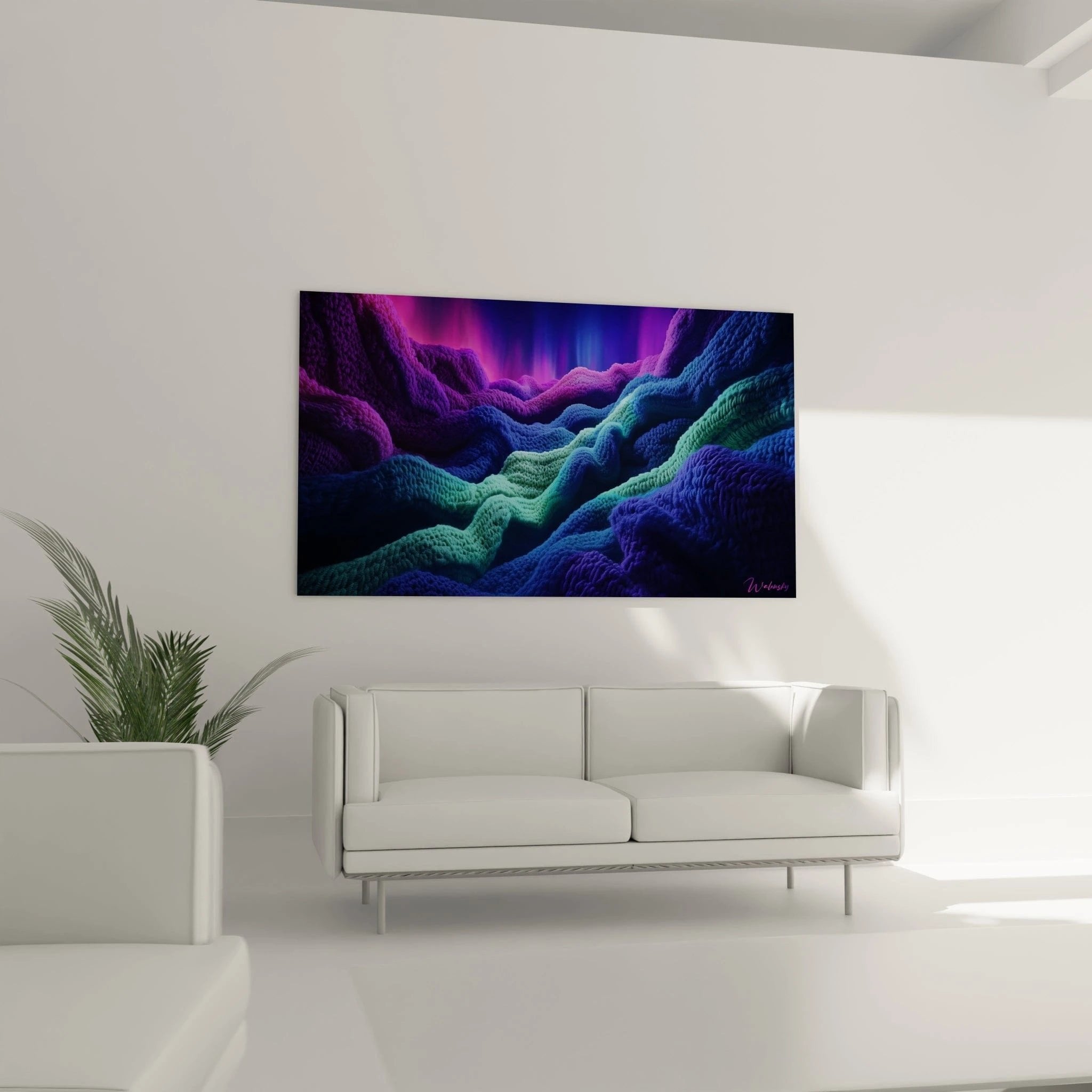 Detailansicht der gehäkelten Textur der abstrakten Neonwellen in Pink, Blau und Türkis