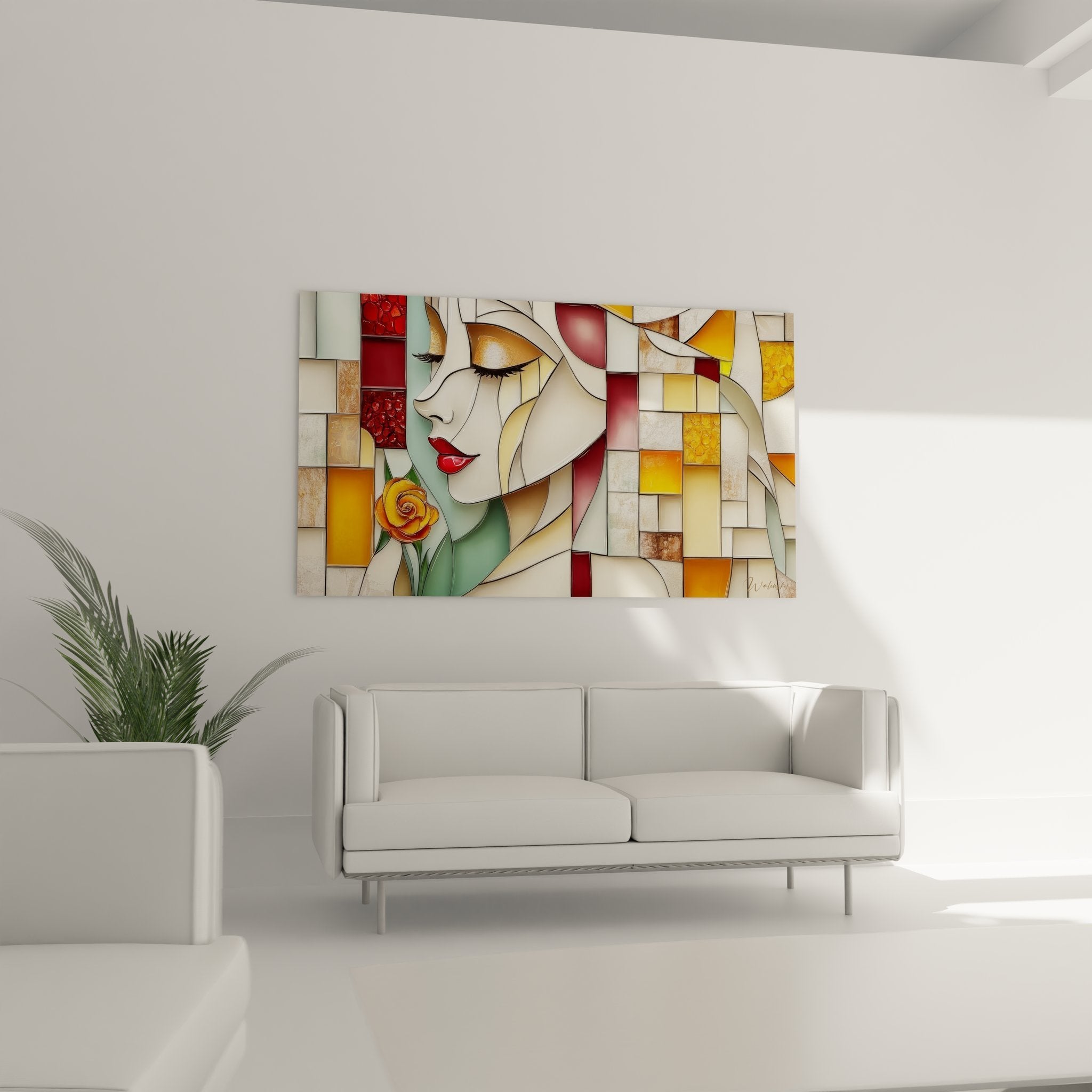 Nahaufnahme des Glasmalerei-Wandbildes mit detaillierter Darstellung der Frau und Rose