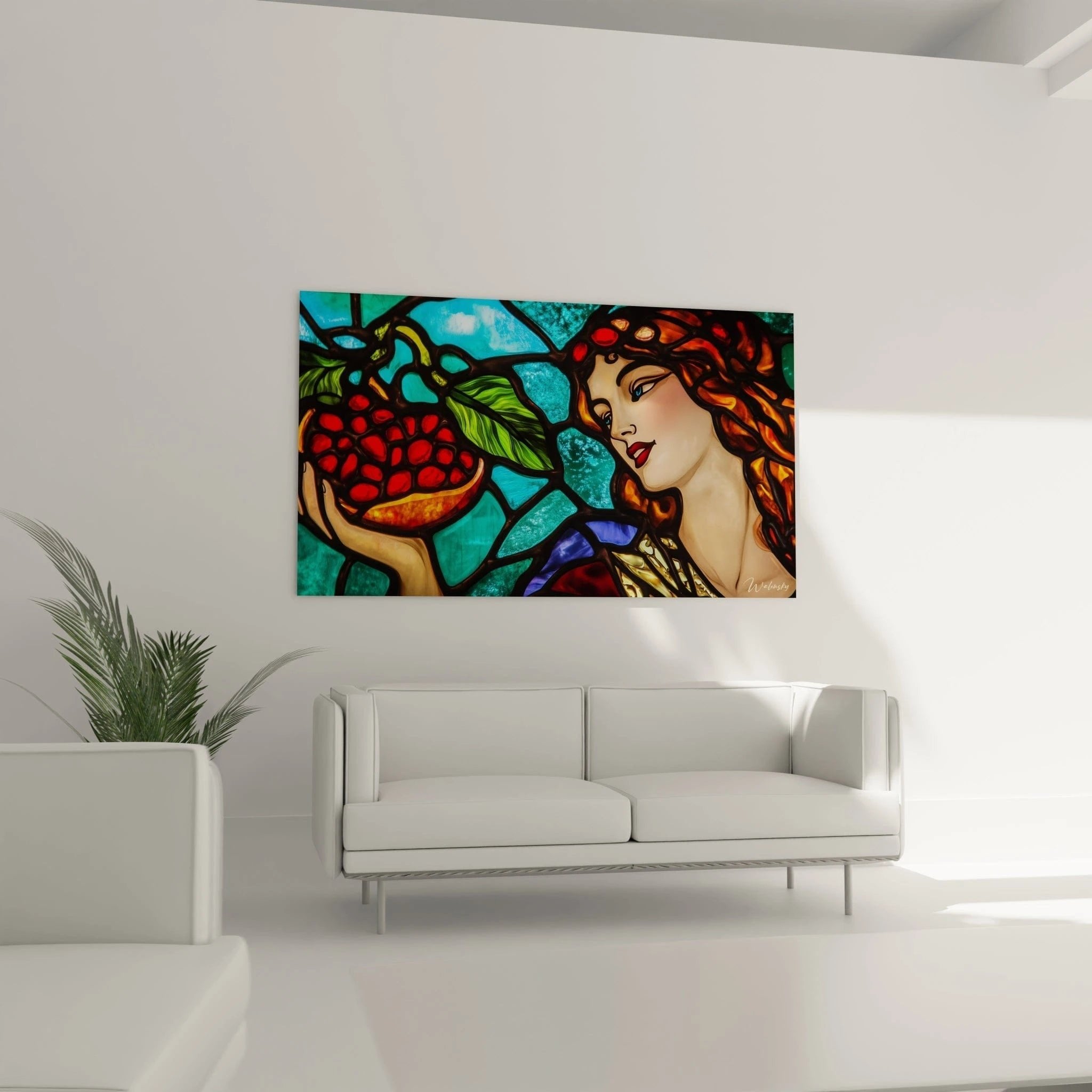 Nahaufnahme Details Glasmalerei-Optik Frauenportrait mit kupferfarbenen Haaren und rotem Granatapfel