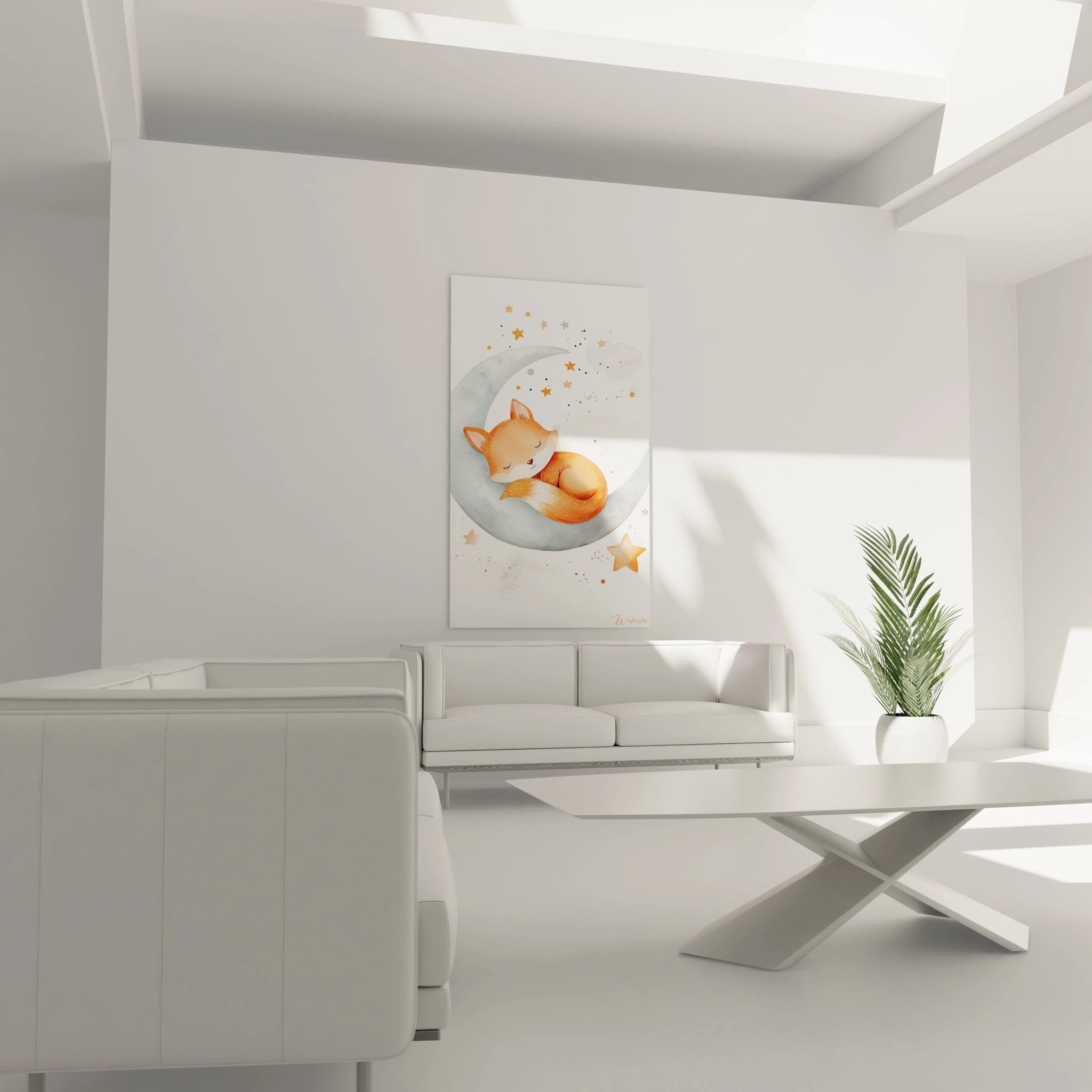 Nahaufnahme des Aquarell Wandbildes zeigt Details des schlafenden Fuchses mit orangem Fell auf blauem Mond