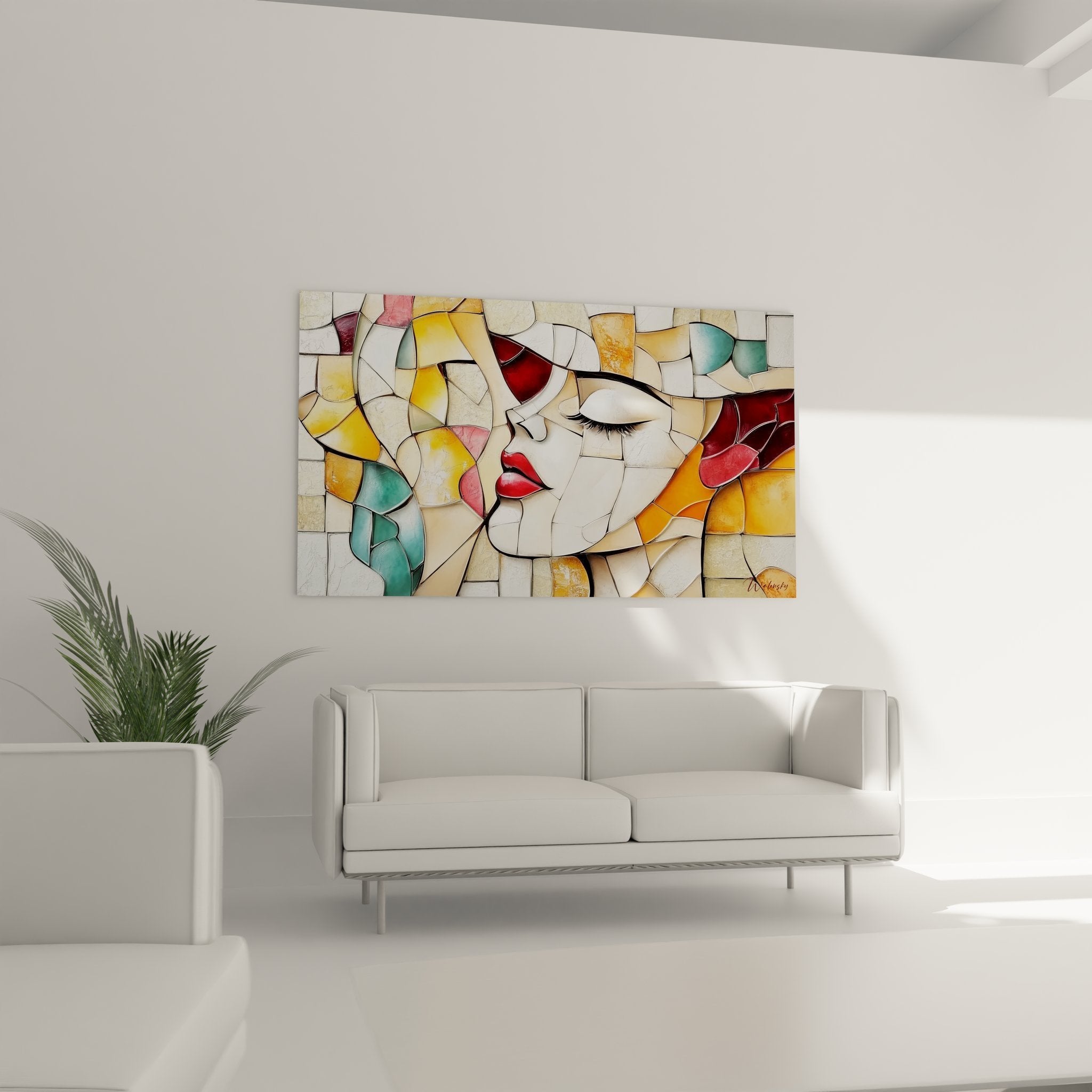 Detailansicht des Glasmalerei Wandbildes zeigt kunstvolle Farbverläufe und Mosaik-Technik