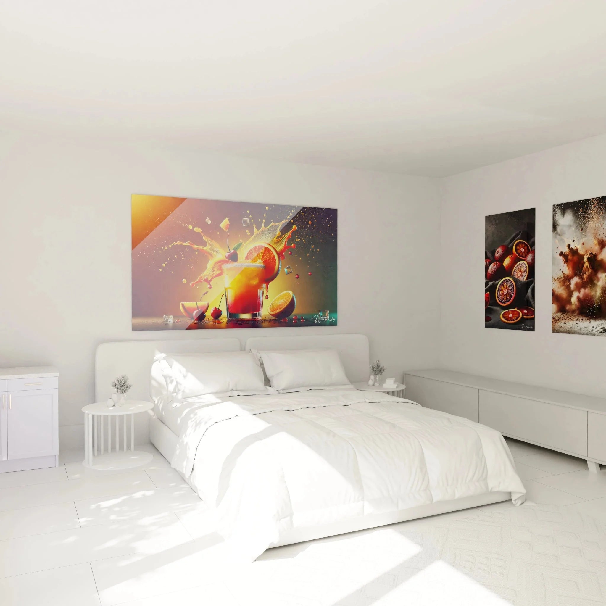 Cocktail Wandbild Tequila Sunrise Splash im Schlafzimmer Ambiente mit warmer Beleuchtung und modernem Design