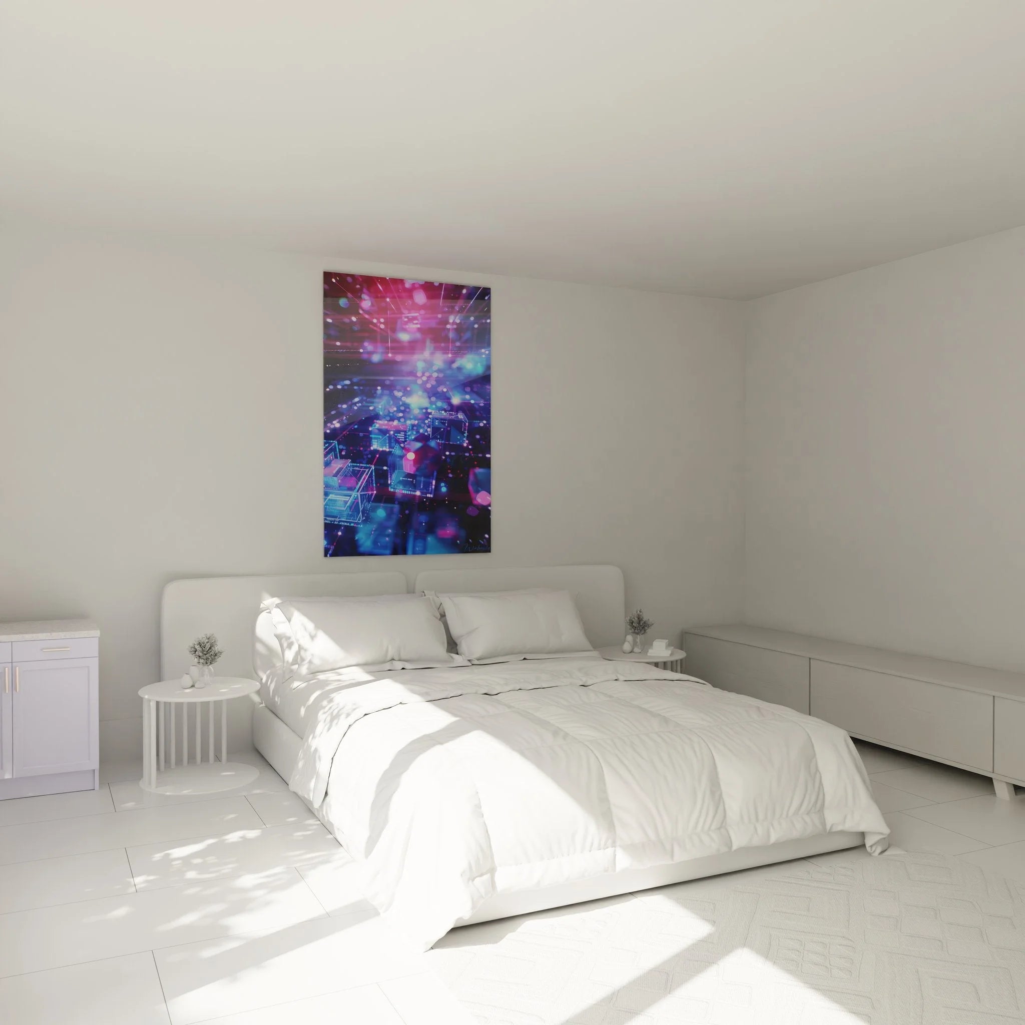 Cyberpunk Wandbild in Schlafzimmer Ambiente - Moderne futuristische Wandkunst in Neonfarben