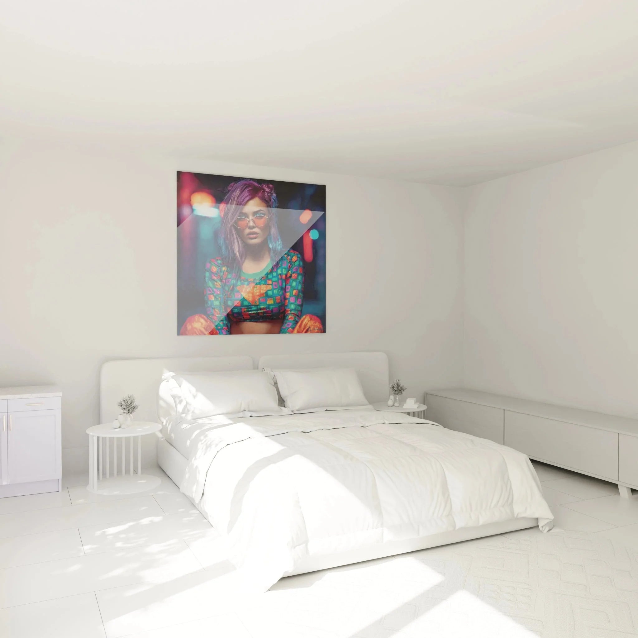 Cyberpunk Wandbild XXL in Schlafzimmer Ambiente mit futuristischer Streetwear Ästhetik