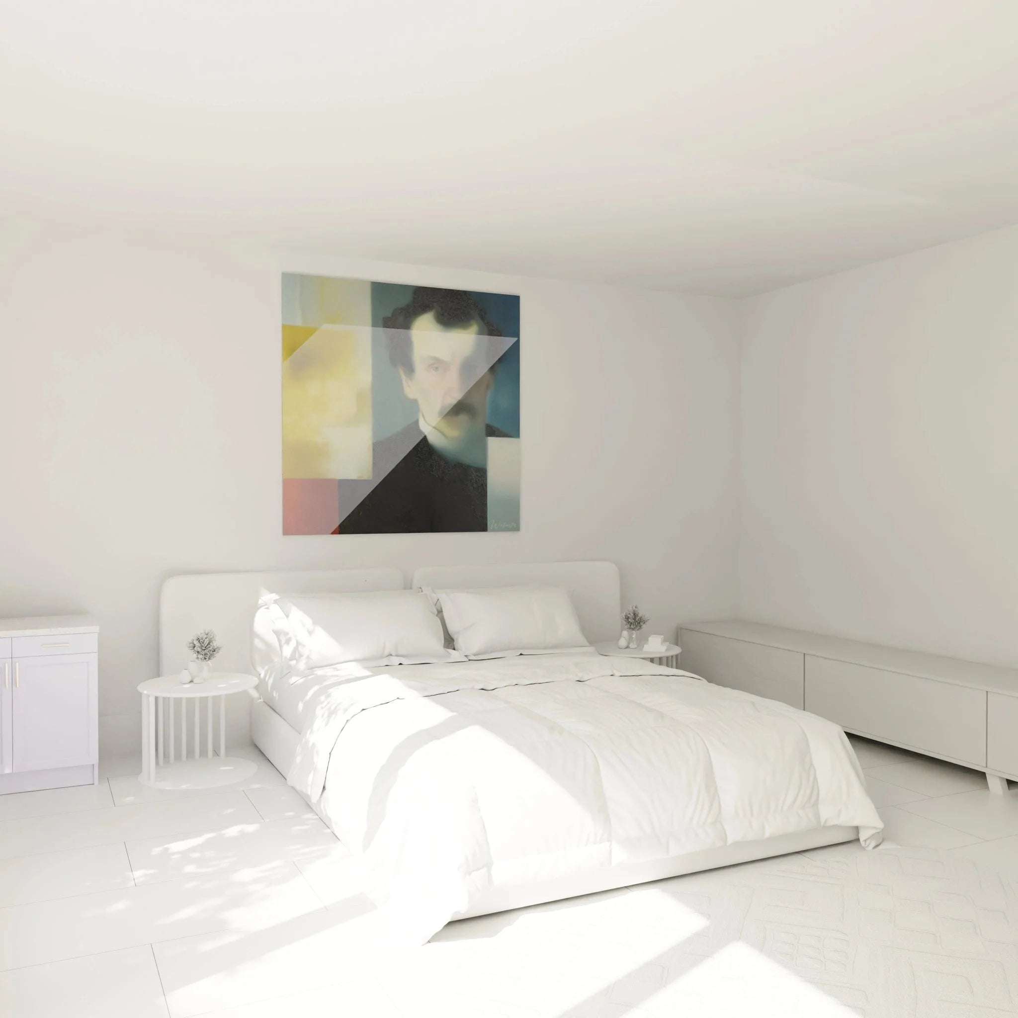 Dadaismus Wandbild Abraham Lincoln Portrait in modernem Schlafzimmer Ambiente