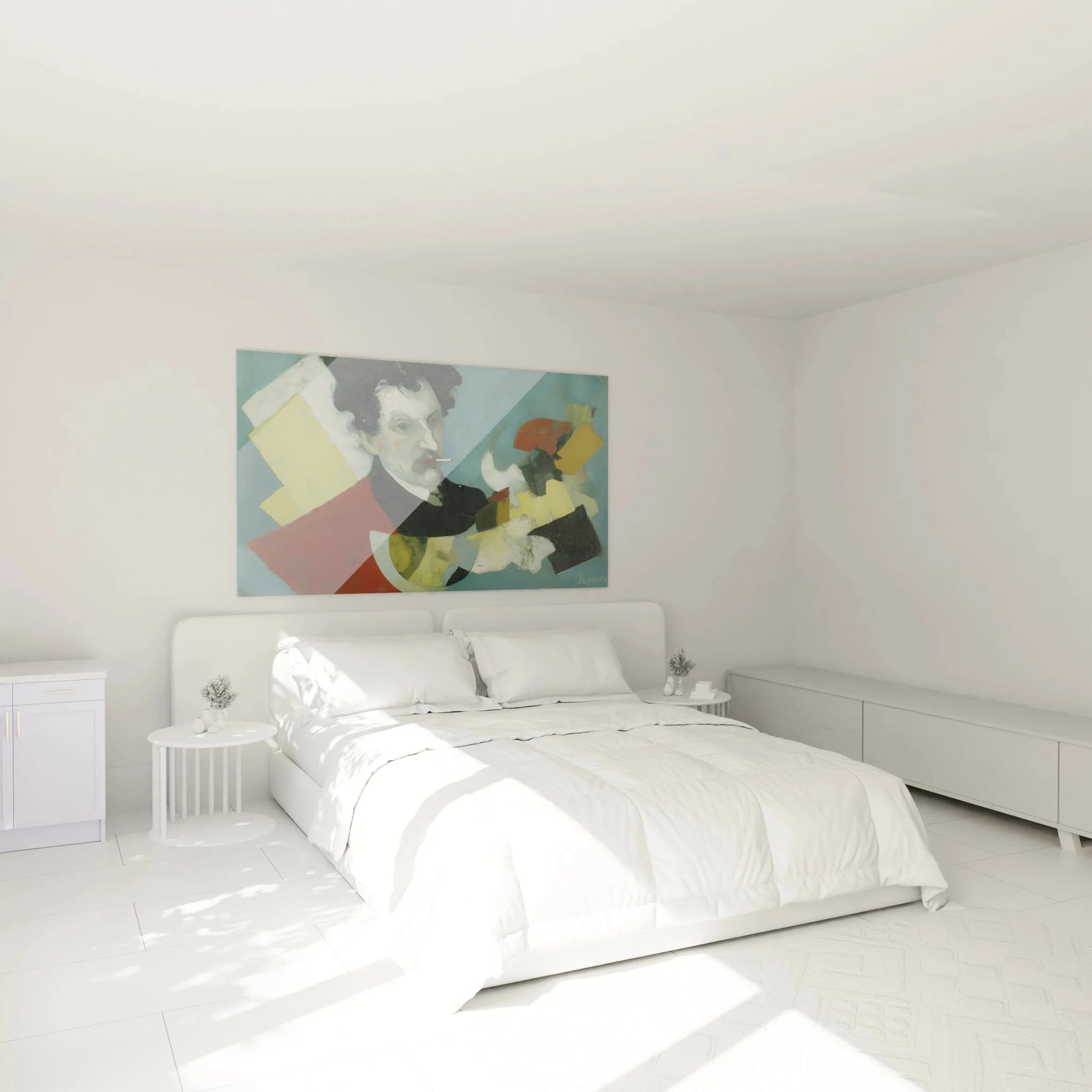 Dadaistisches Wandbild Mann Zigarette als moderne Schlafzimmer Wanddekoration XXL