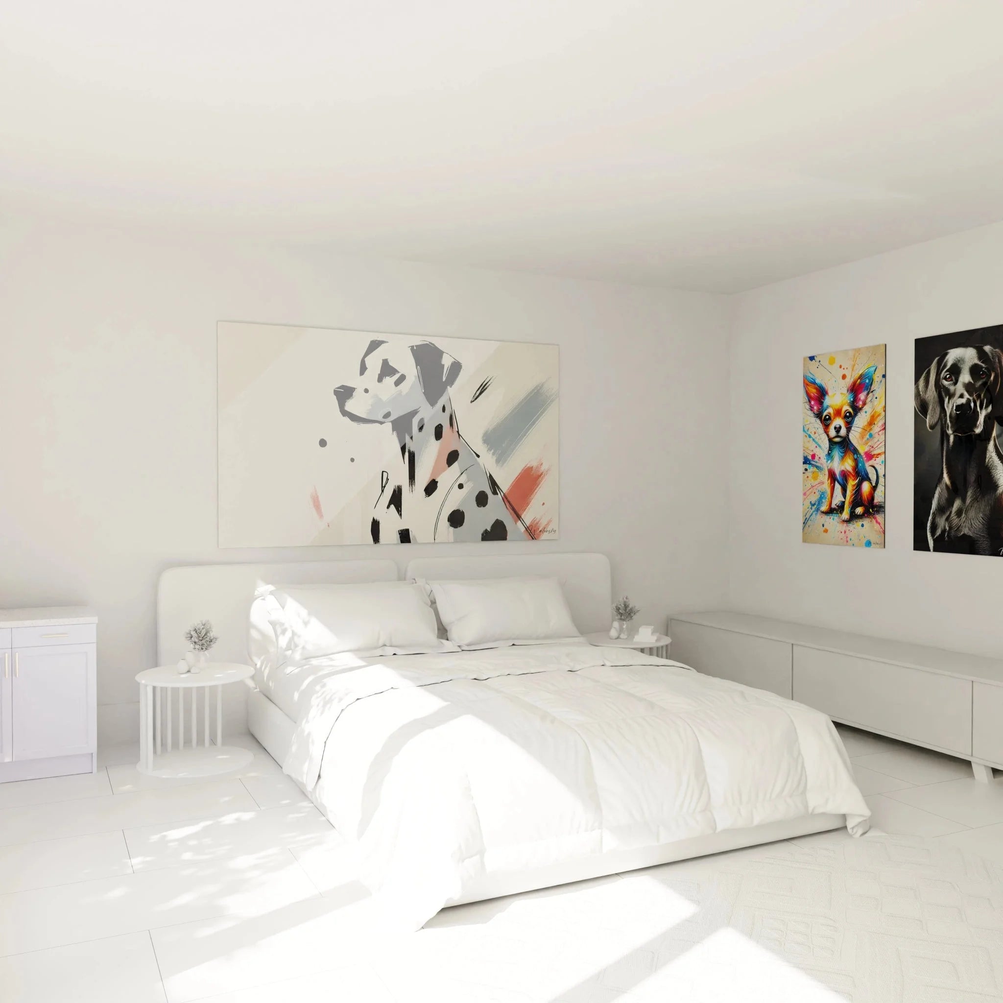 Wandbild Dalmatiner abstrakt im Schlafzimmer, stilvolle Hundewandkunst als Wanddekoration