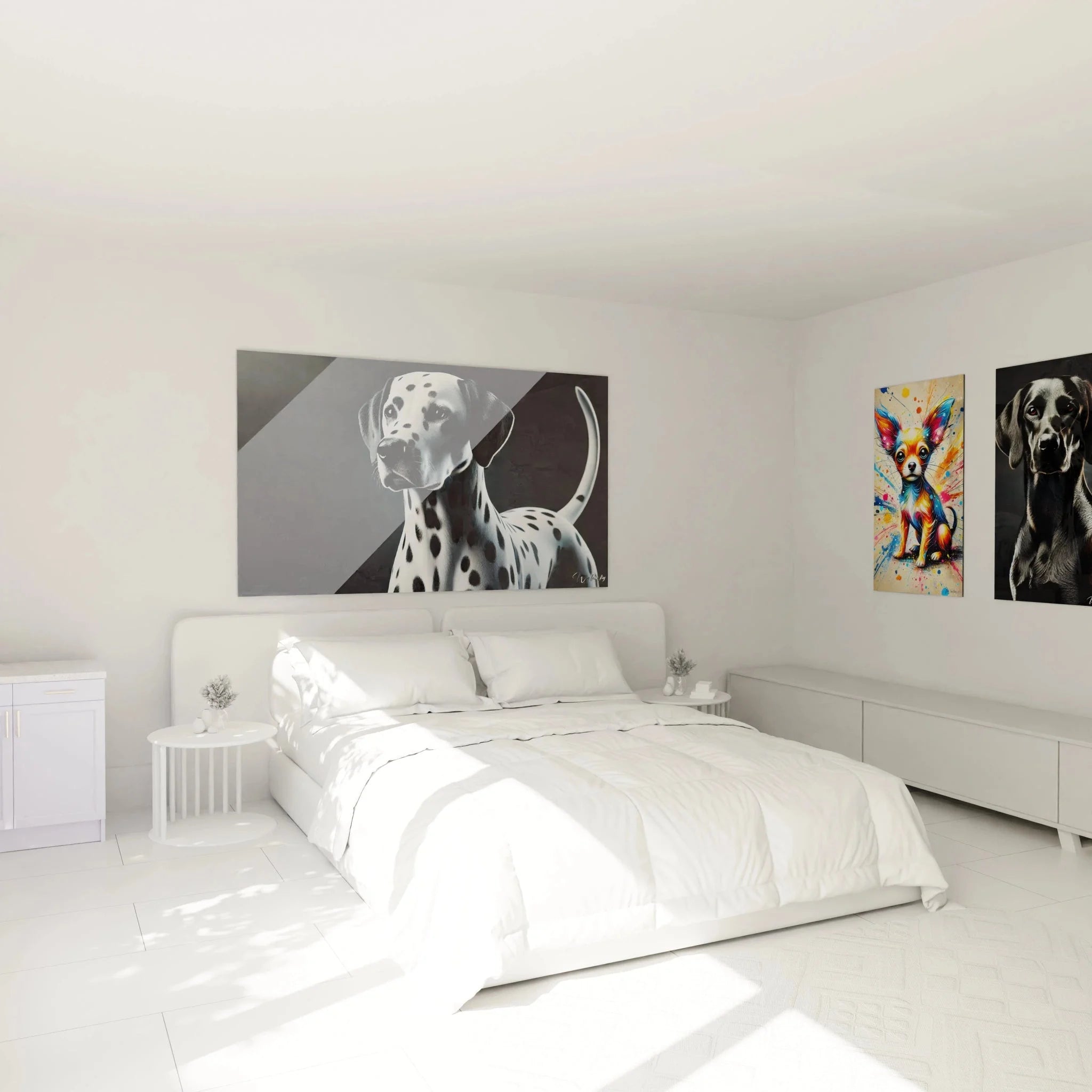 Dalmatiner Wandbild im Schlafzimmer - Stilvolle Hundedeko als Wandschmuck in elegantem Ambiente