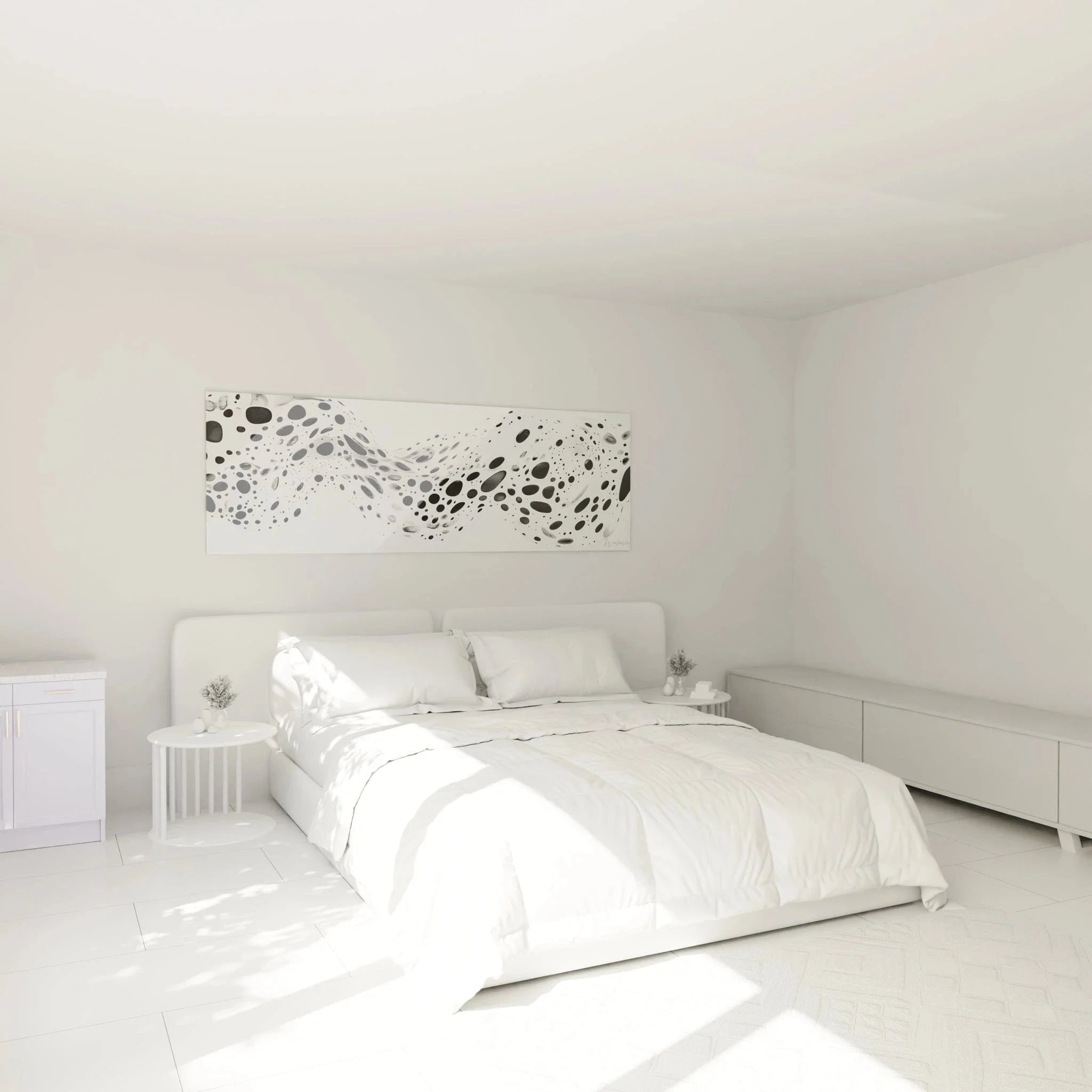 Dalmatiner Wandbild schwarz-weiß im Schlafzimmer als elegante abstrakte Wandkunst über dem Bett