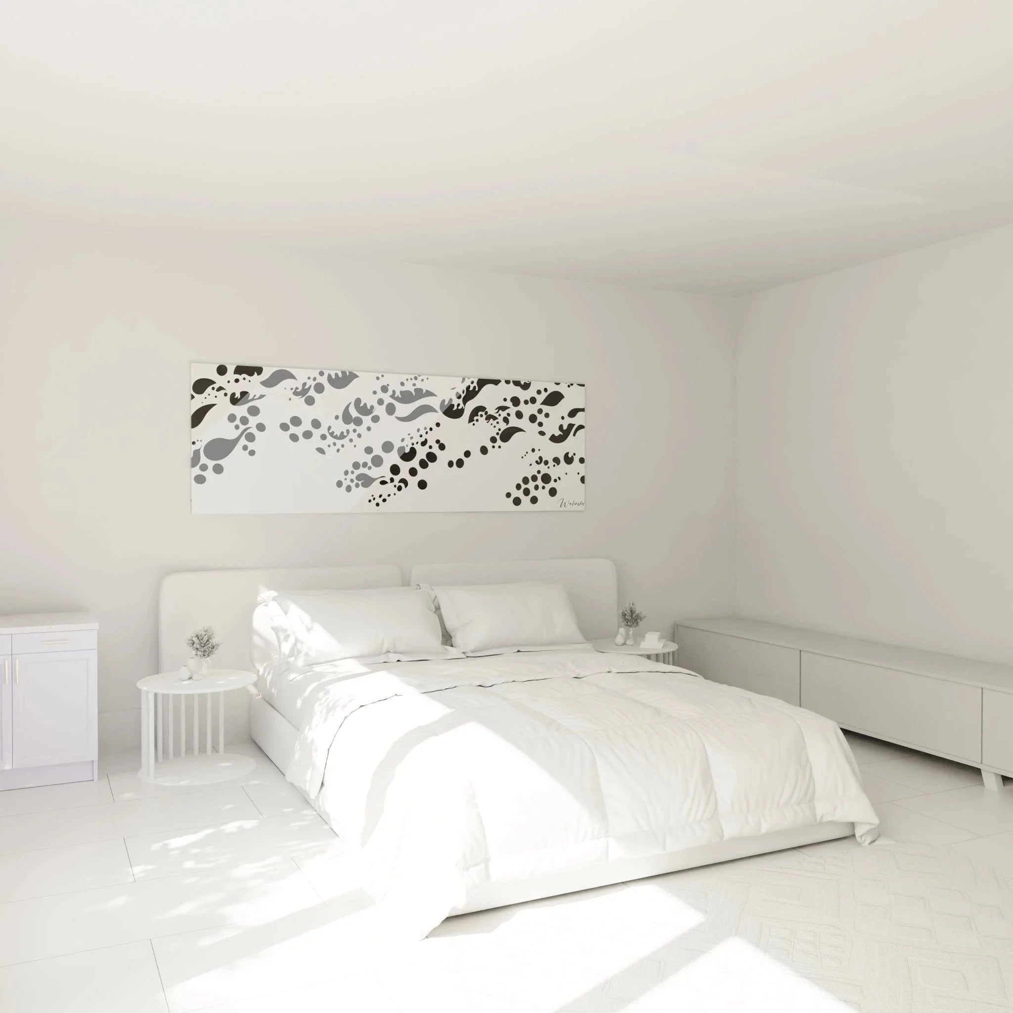 Schlafzimmer Wanddekoration mit abstraktem Dalmatiner Punktmuster schwarz-weiß über dem Bett