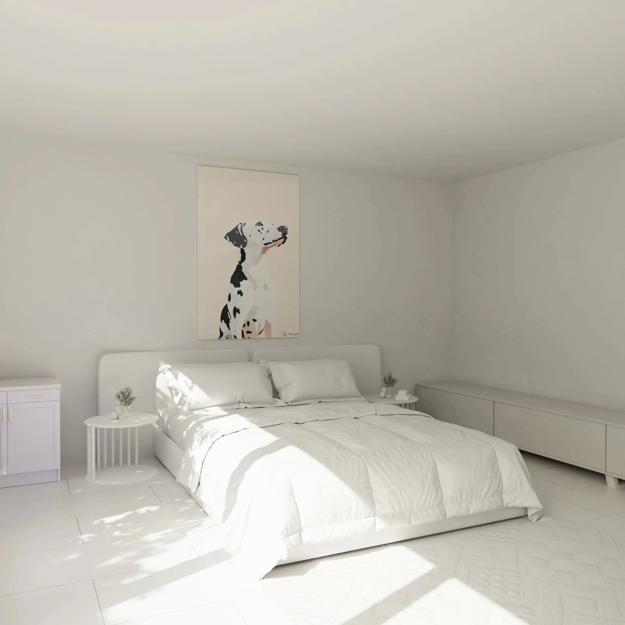 Dalmatiner Wandbild als stilvolle Schlafzimmer Dekoration in warmen Farbtönen