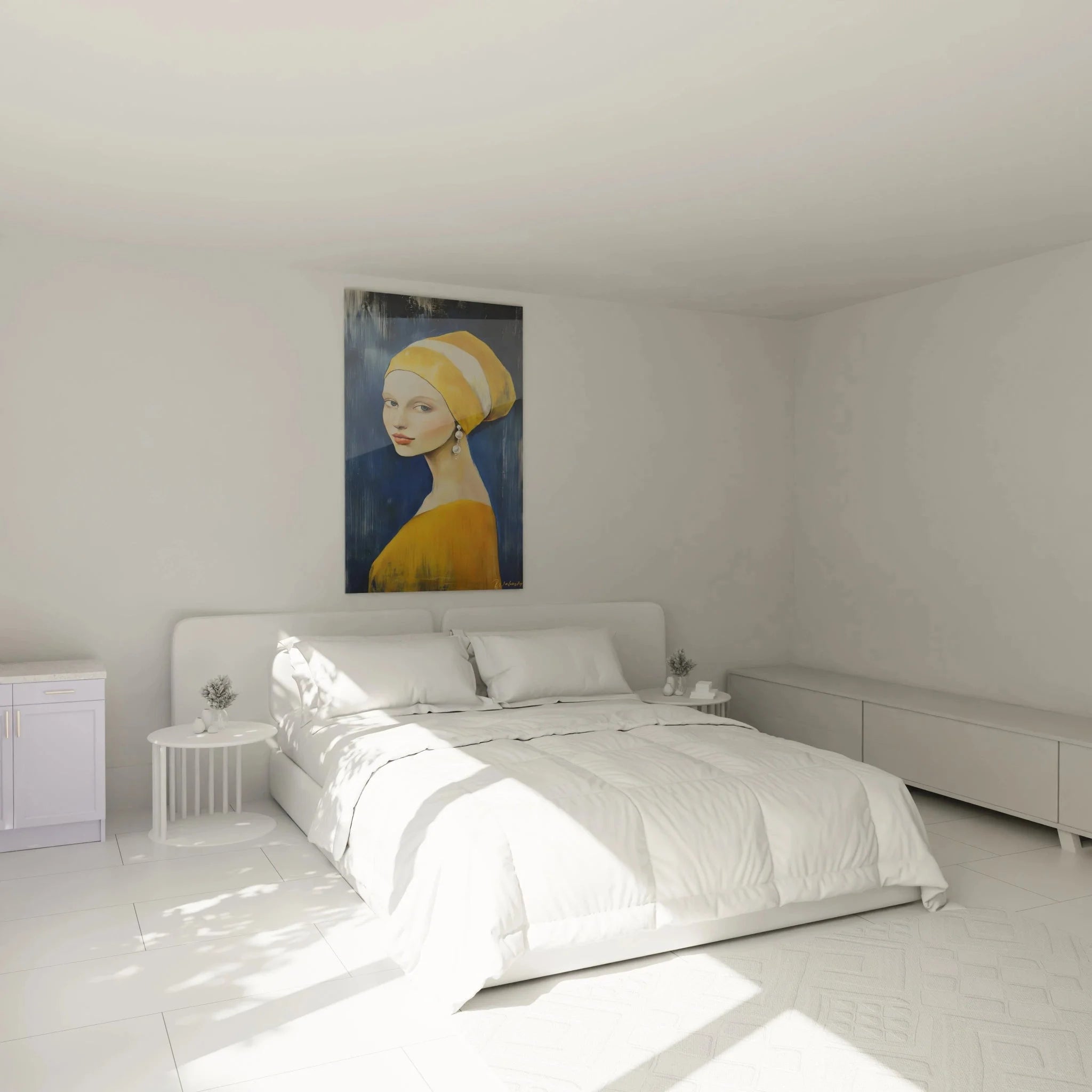 Dame mit Turban Wandbild in modernem Schlafzimmer - Vermeer Edition Kunstdruck als Raumdekoration